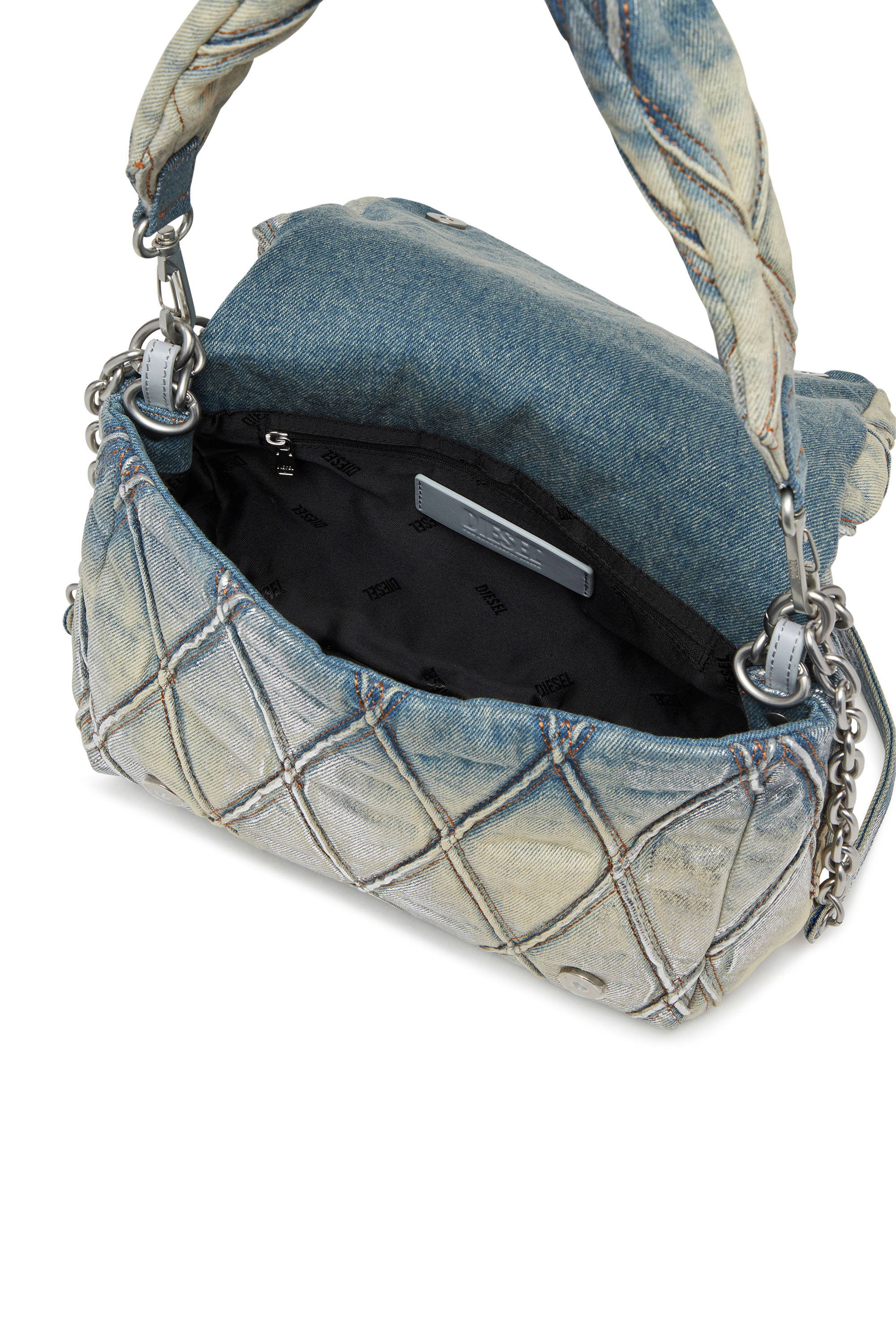 Diesel - CHARM-D SHOULDER M, Female's Charm-D M-Shoulder bag in metallic quilted denim in ライトブルー - 4