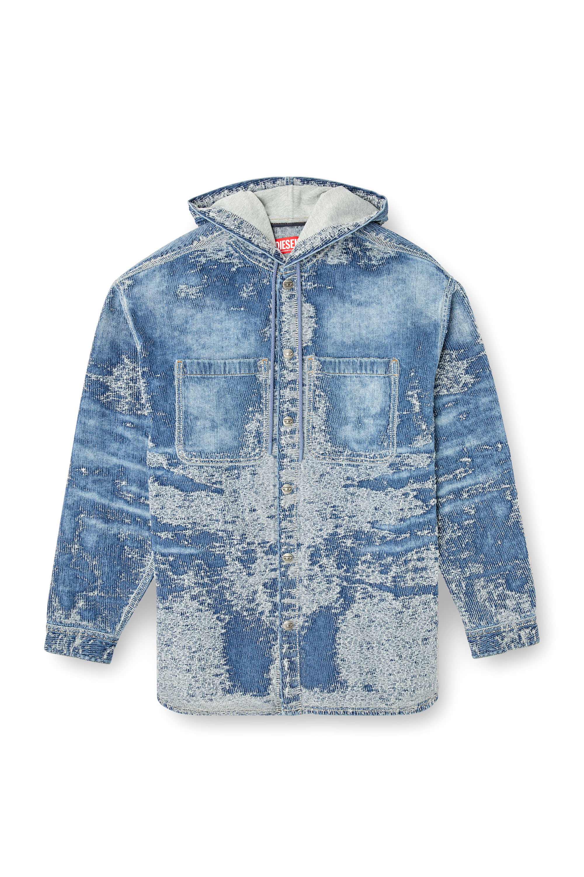 Diesel - D-DEWNYS-HOOD-S, Male's Overshirt in distressed jacquard denim in ミディアムブルー - 3