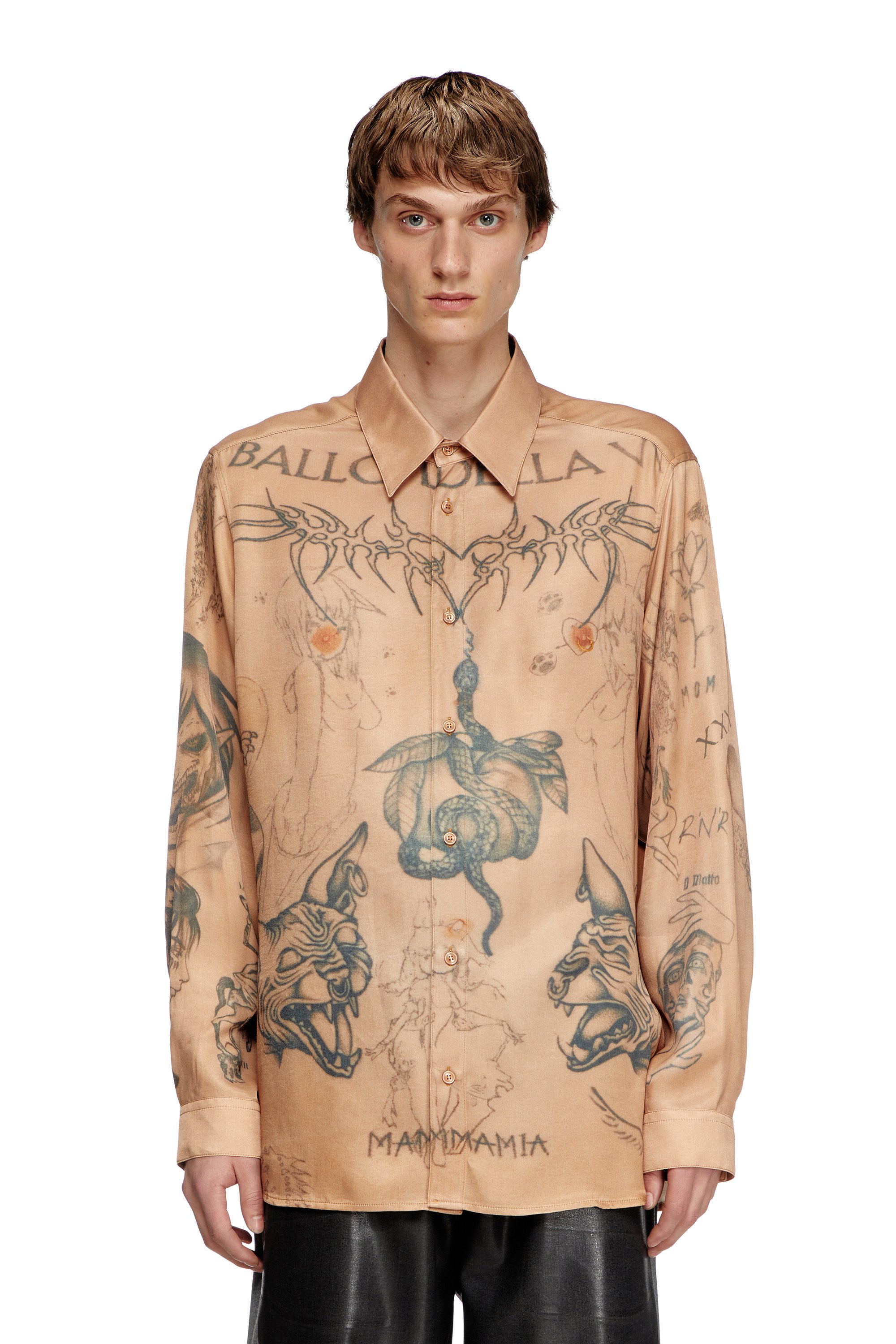 Diesel - S-SIMPLY-TTO-DD, Unisex's Fluid satin shirt with tattoo print in ベージュ - 4