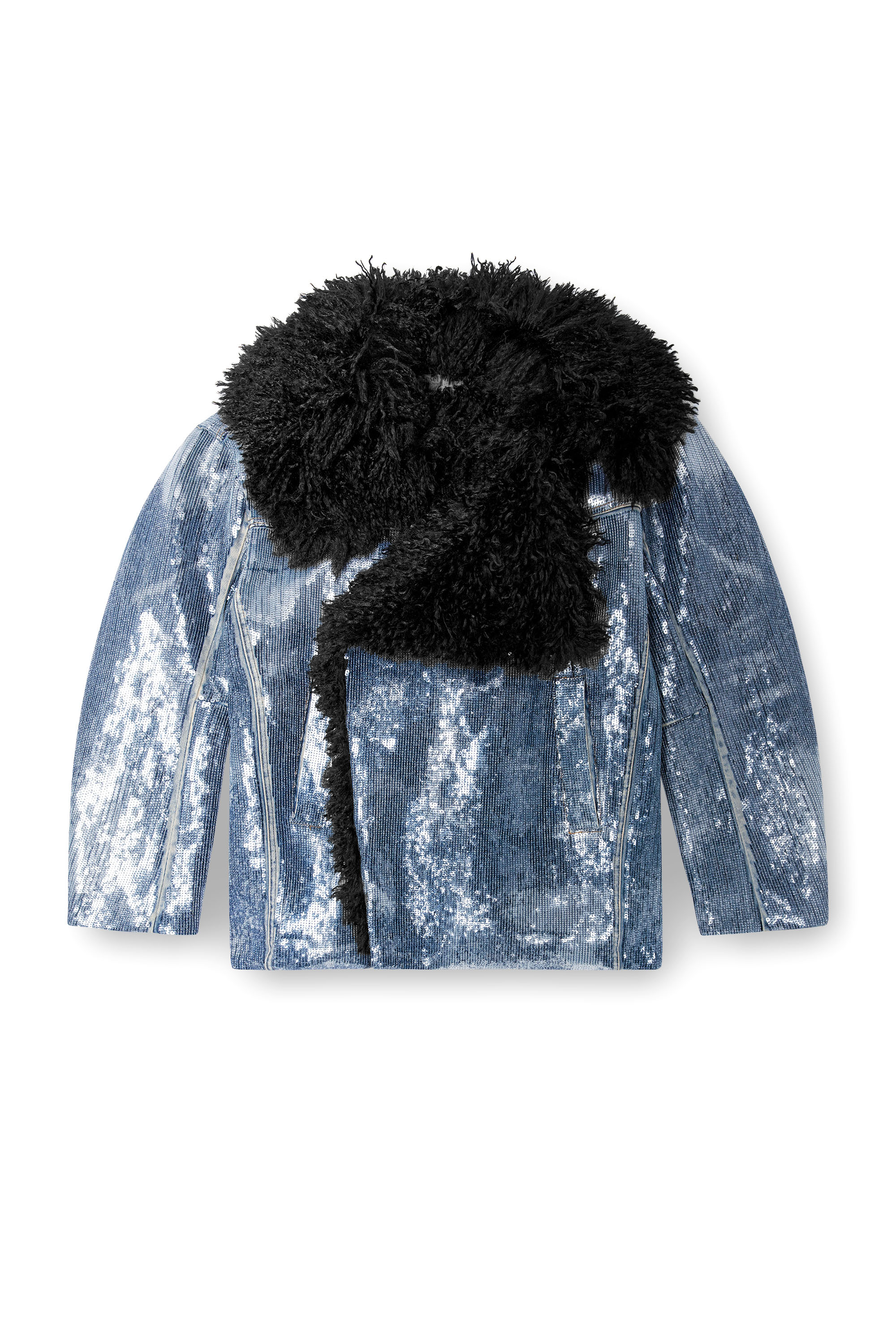 Diesel - DE-BIKA-S, Female's Sequin denim jacket with shaggy collar in ブルー - 3