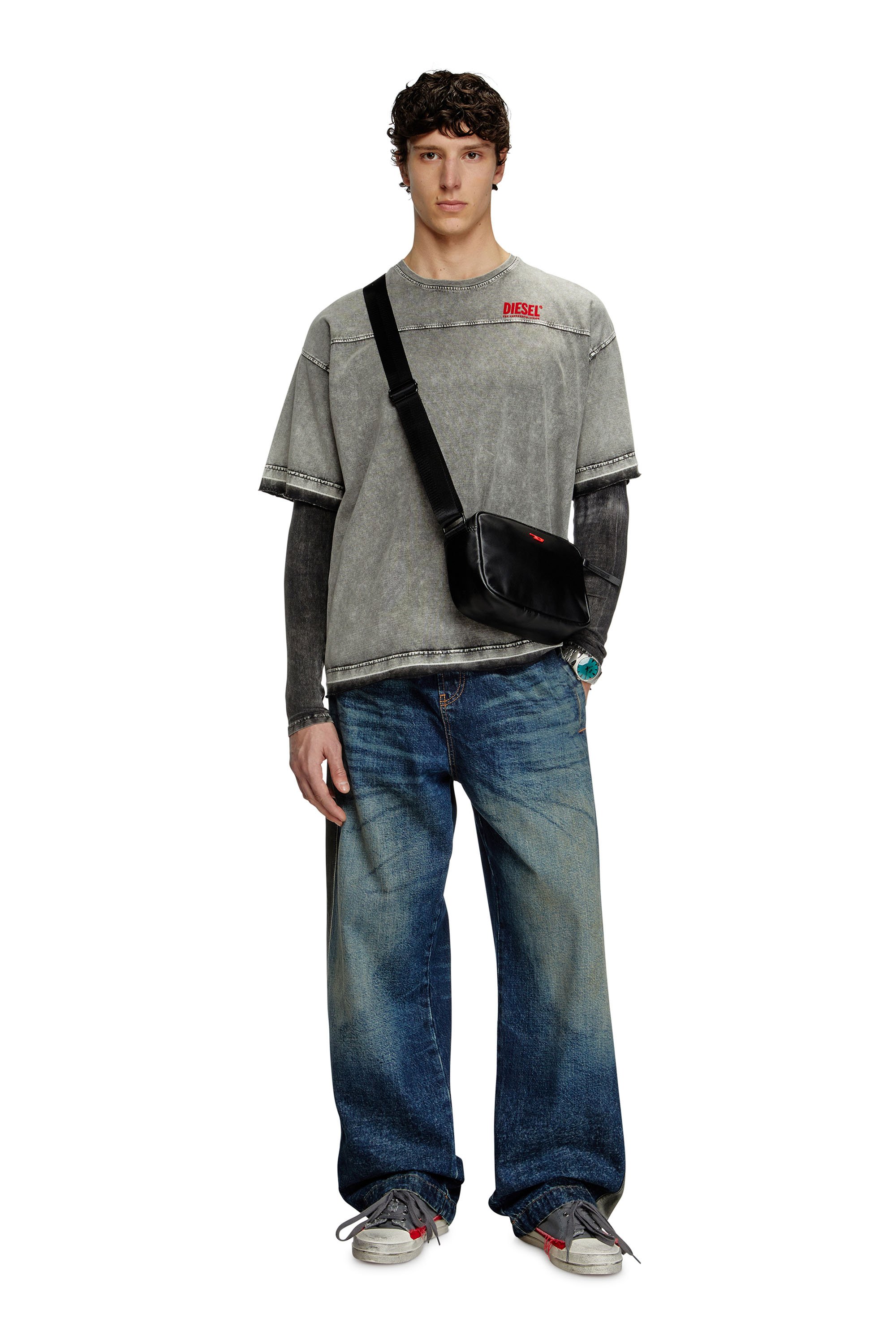 Diesel - T-HOXT, Male's Denim-look T-shirt with released hems in ライトグレー - 2