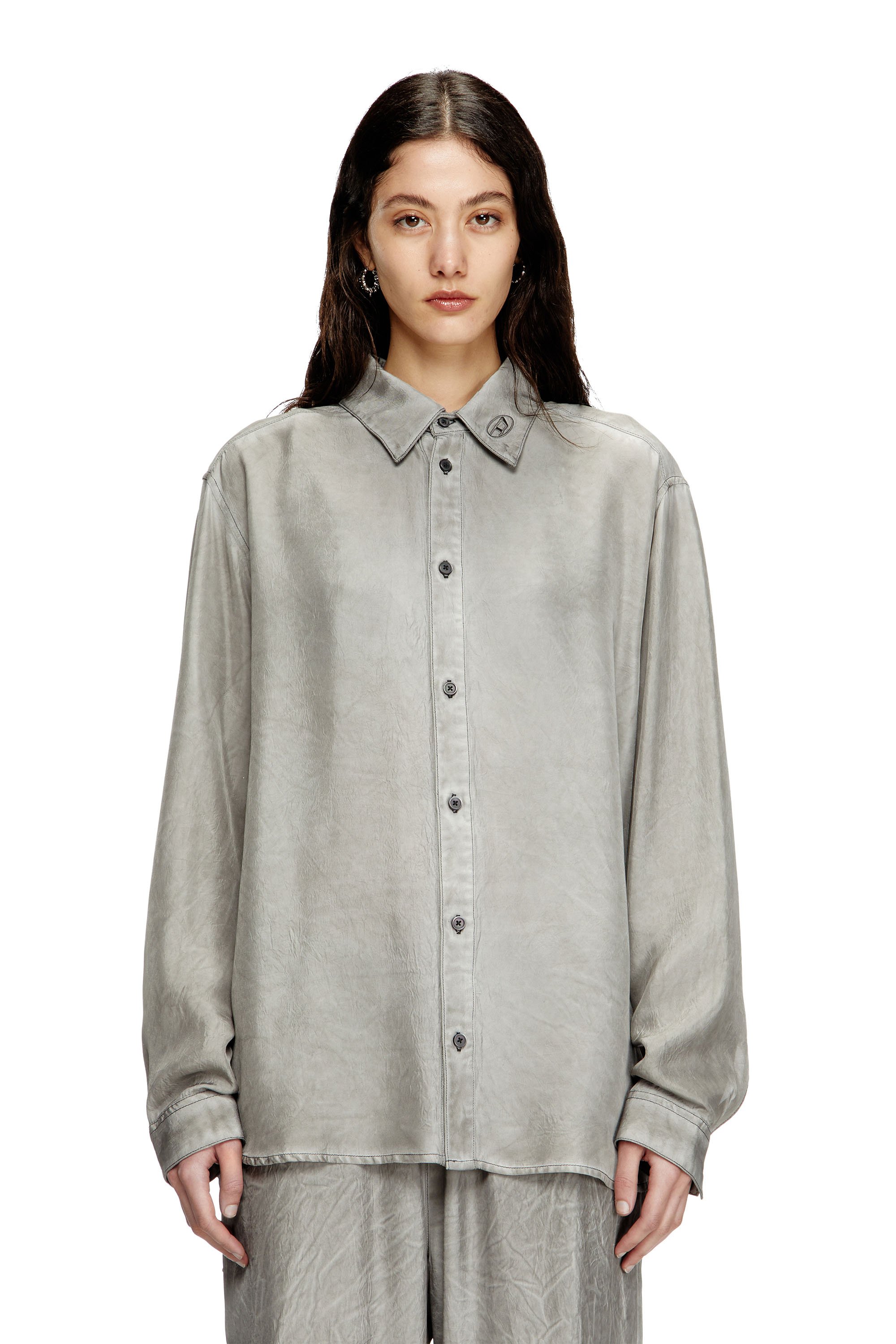 Diesel - S-LEON, Unisex's Fluid crinkled shirt with logo collar in グレー - 1