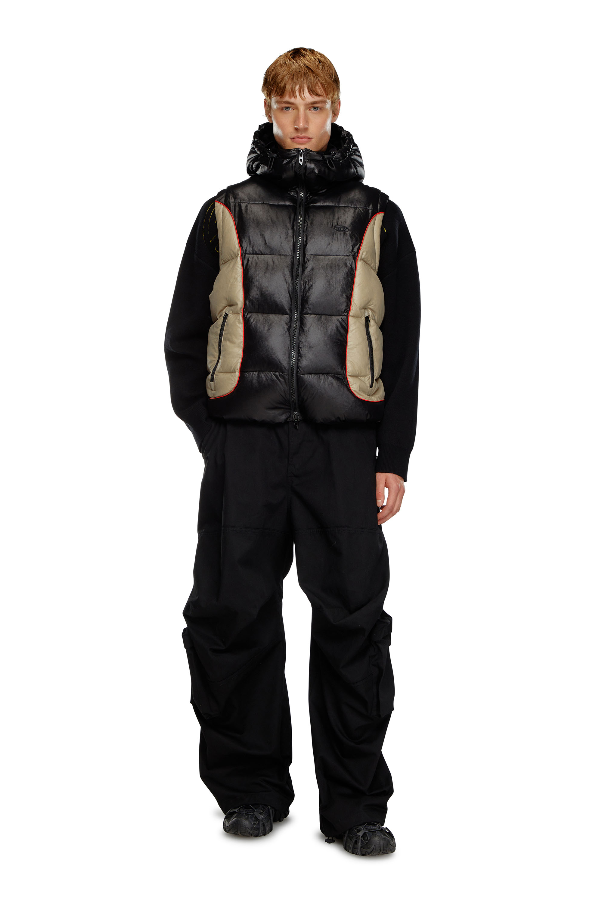 Diesel - W-OSTEND-SL, Male's Hooded puffer vest in shiny ripstop in ブラック/ベージュ - 2