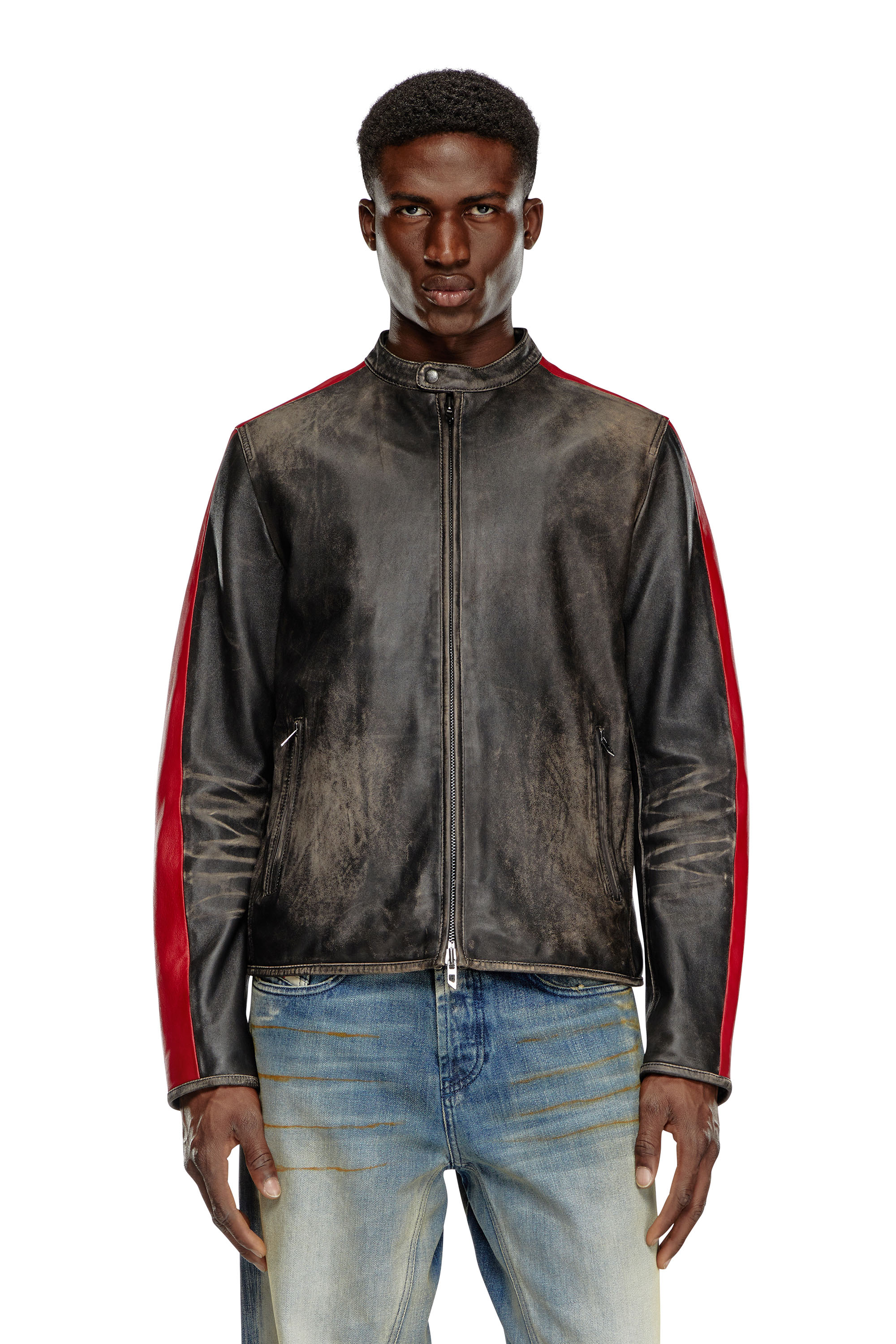 Diesel - L-RENN, Male Leather jacket with contrasting stripes in マルチカラー - Image 6