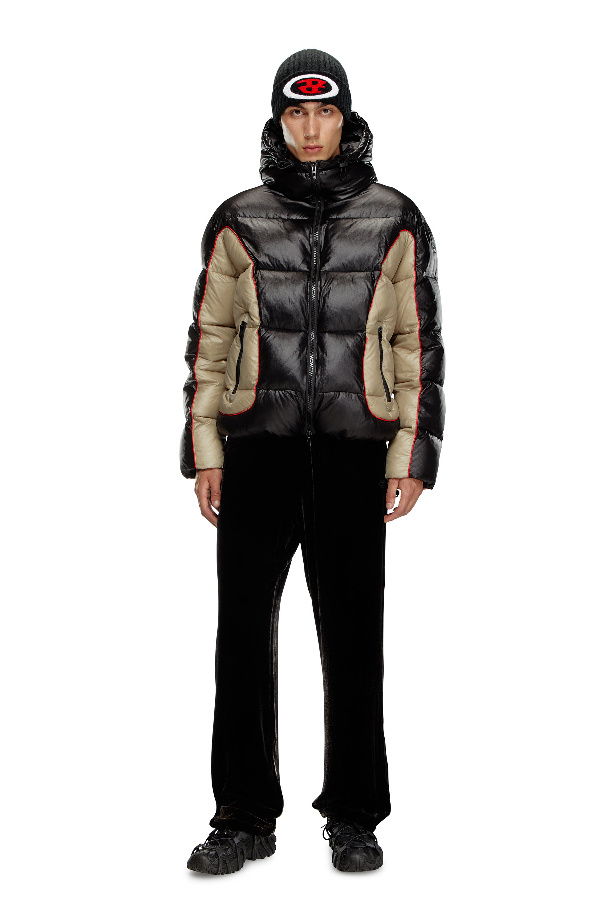 Diesel - W-OSTEND, Male's Hooded puffer jacket in shiny ripstop in ブラック/ベージュ - 2