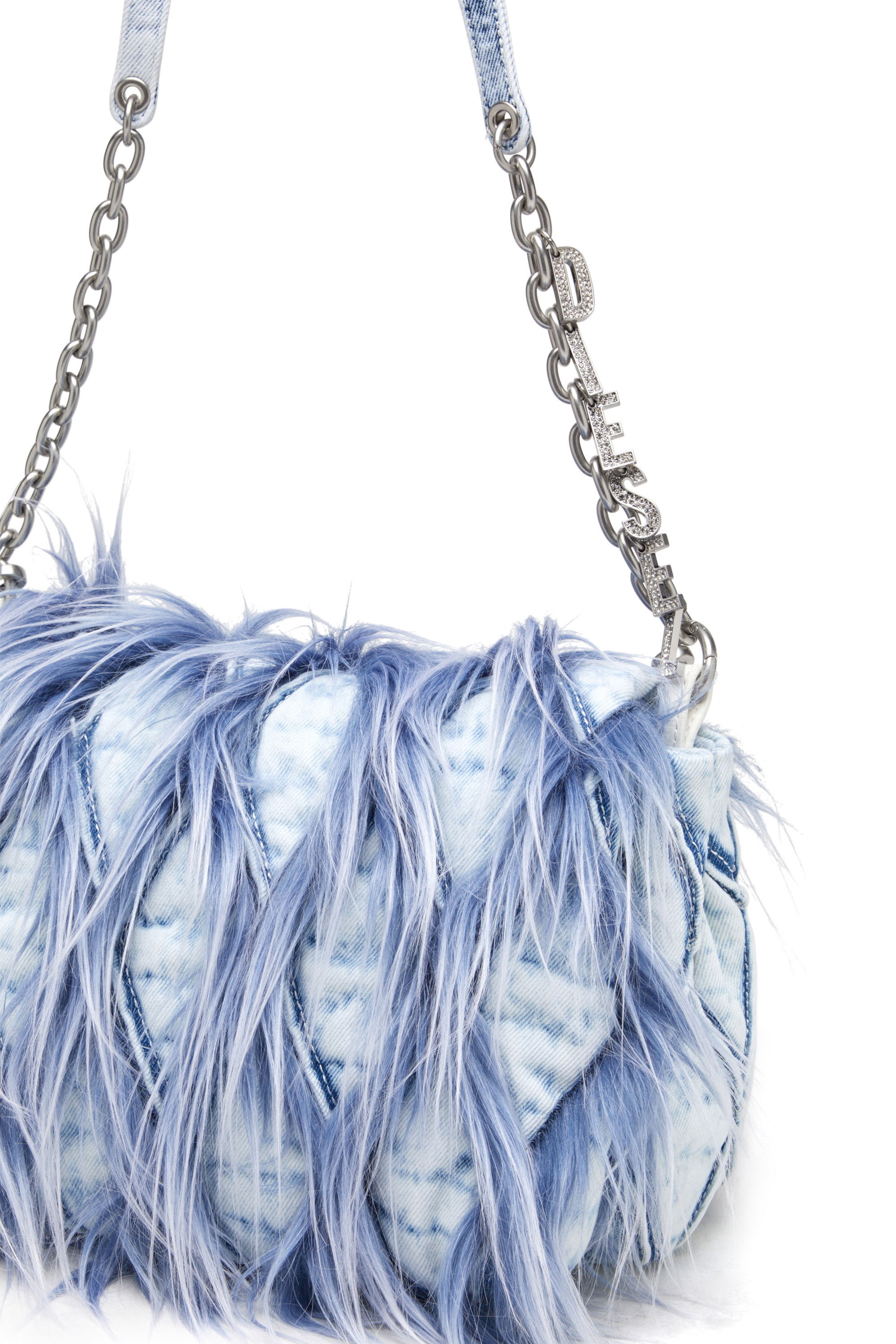 Diesel - CHARM-D SHOULDER M, Female's Charm-D M-Shoulder bag in denim and faux fur in ブルー - 5