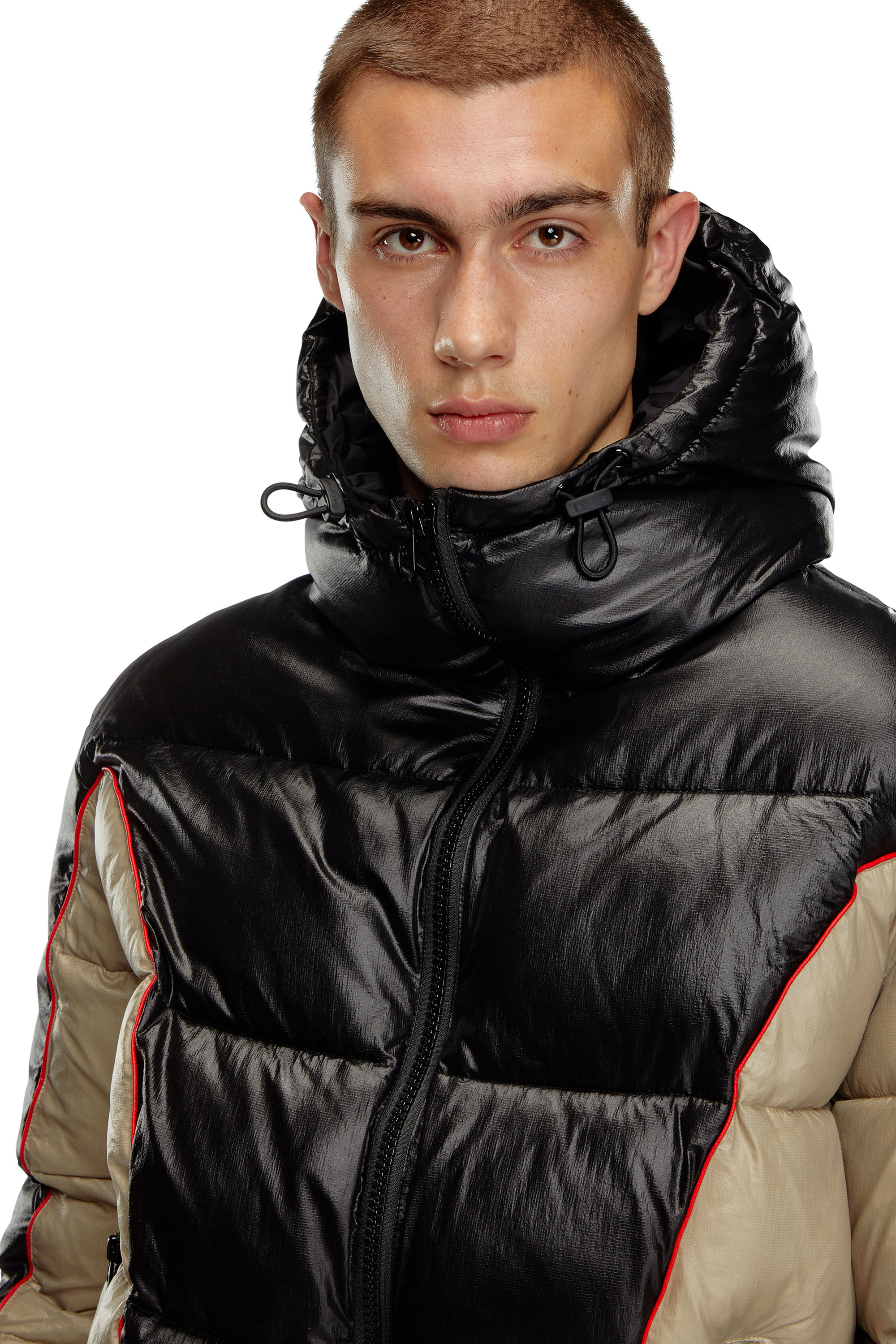 Diesel - W-OSTEND, Male's Hooded puffer jacket in shiny ripstop in ブラック/ベージュ - 5