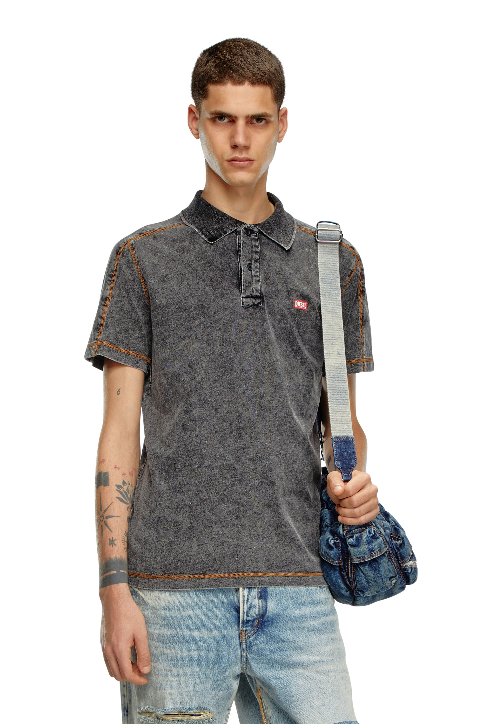 Diesel - T-SWIND, Male Polo shirt in denim-effect jersey in グレー - Image 1