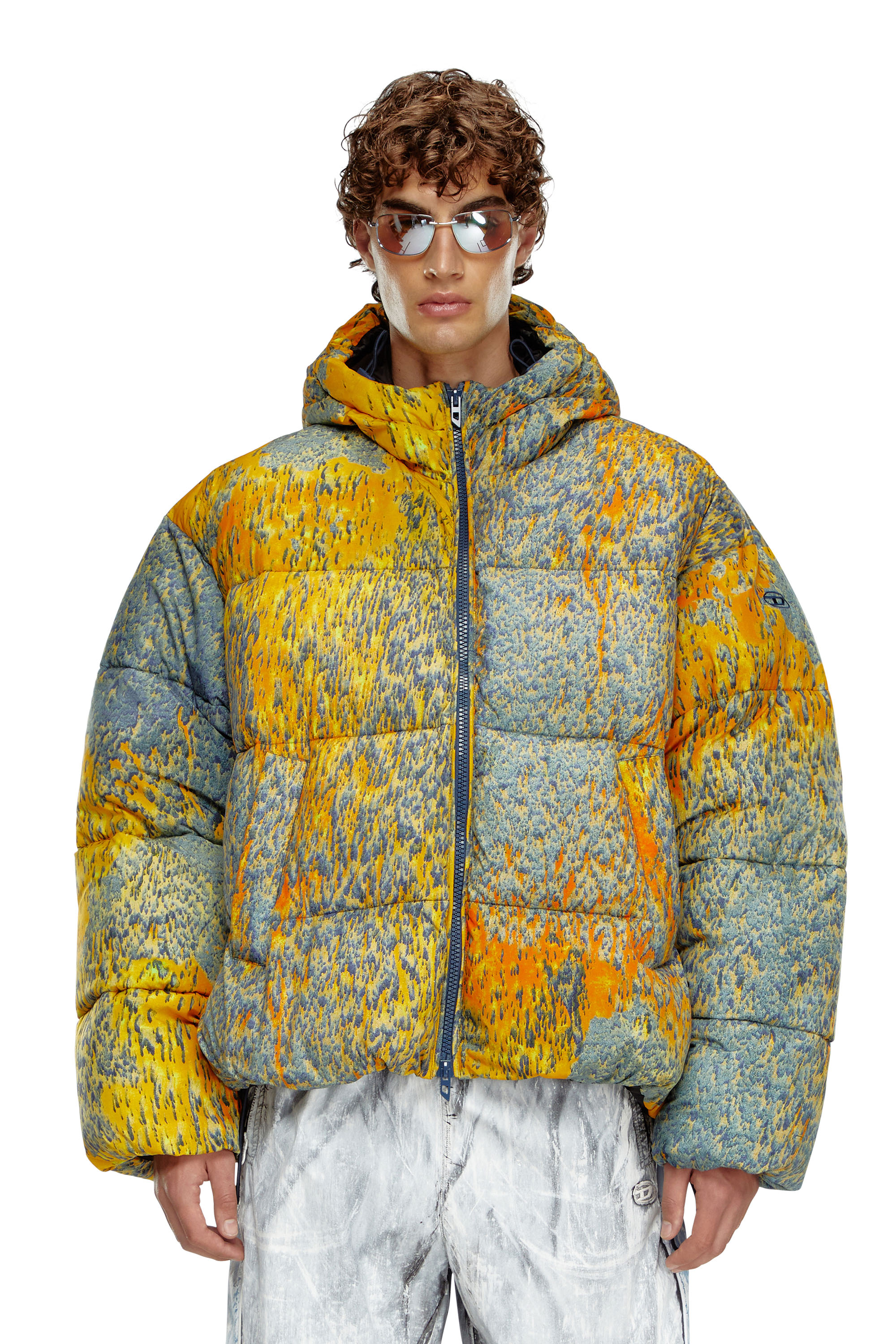 Diesel - W-BOGAERT, Male's Puffer jacket with acid rain effect in ブルー/オレンジ - 1