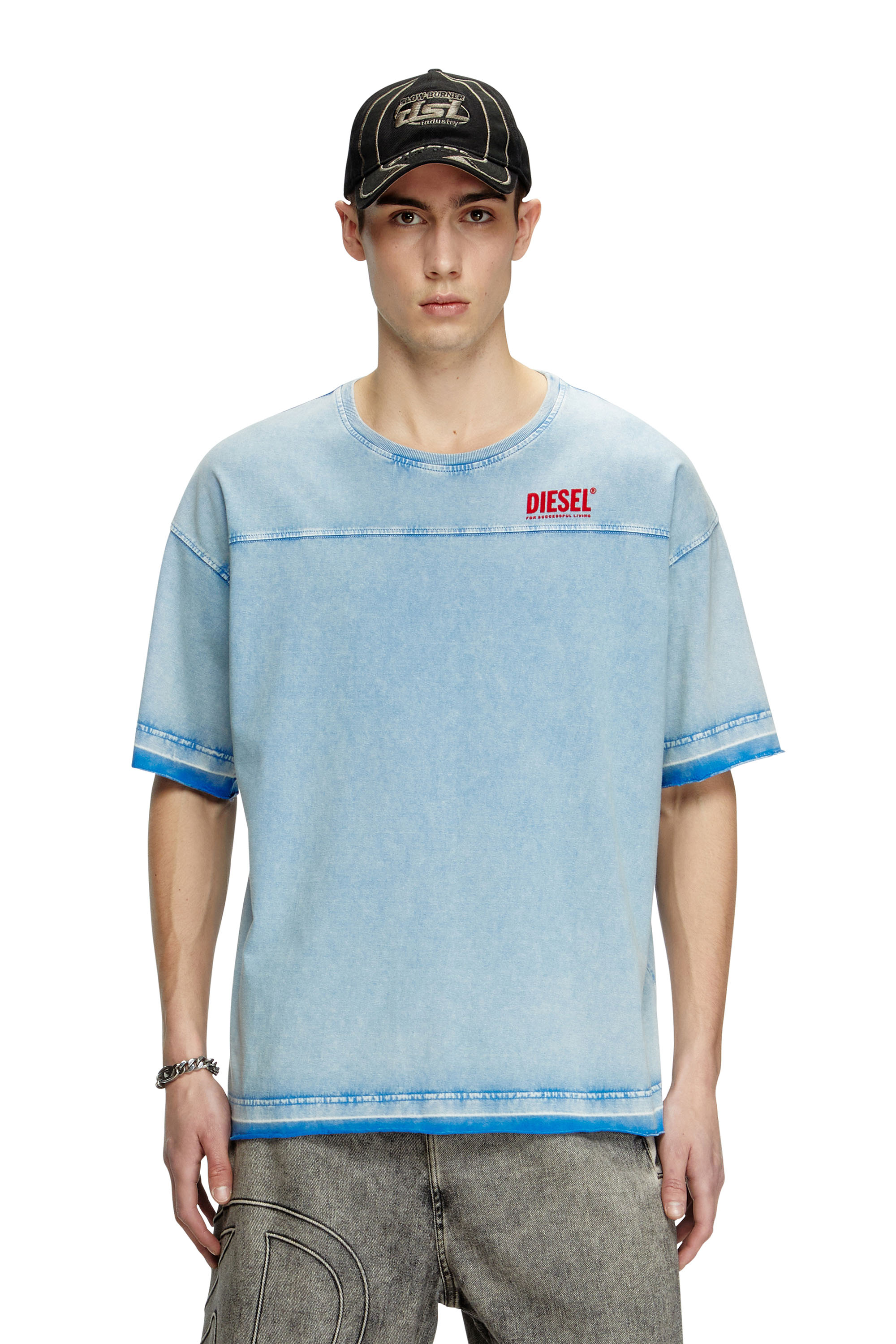 Diesel - T-HOXT, Male's Denim-look T-shirt with released hems in ライトブルー - 1