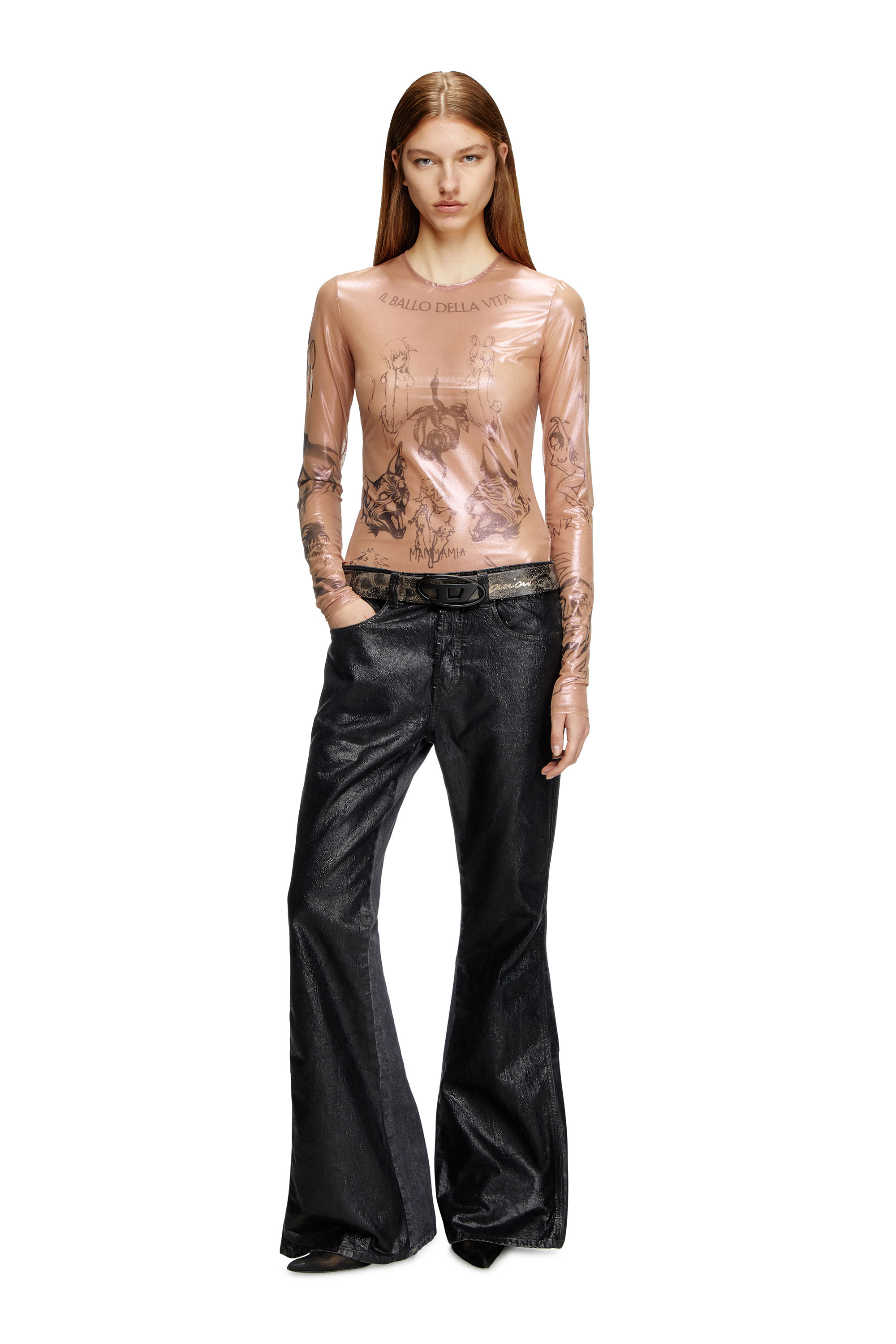 Diesel - T-CLAUDE-DD, Unisex's Tattoo top in coated stretch tulle in ピンク / ホワイト - 6