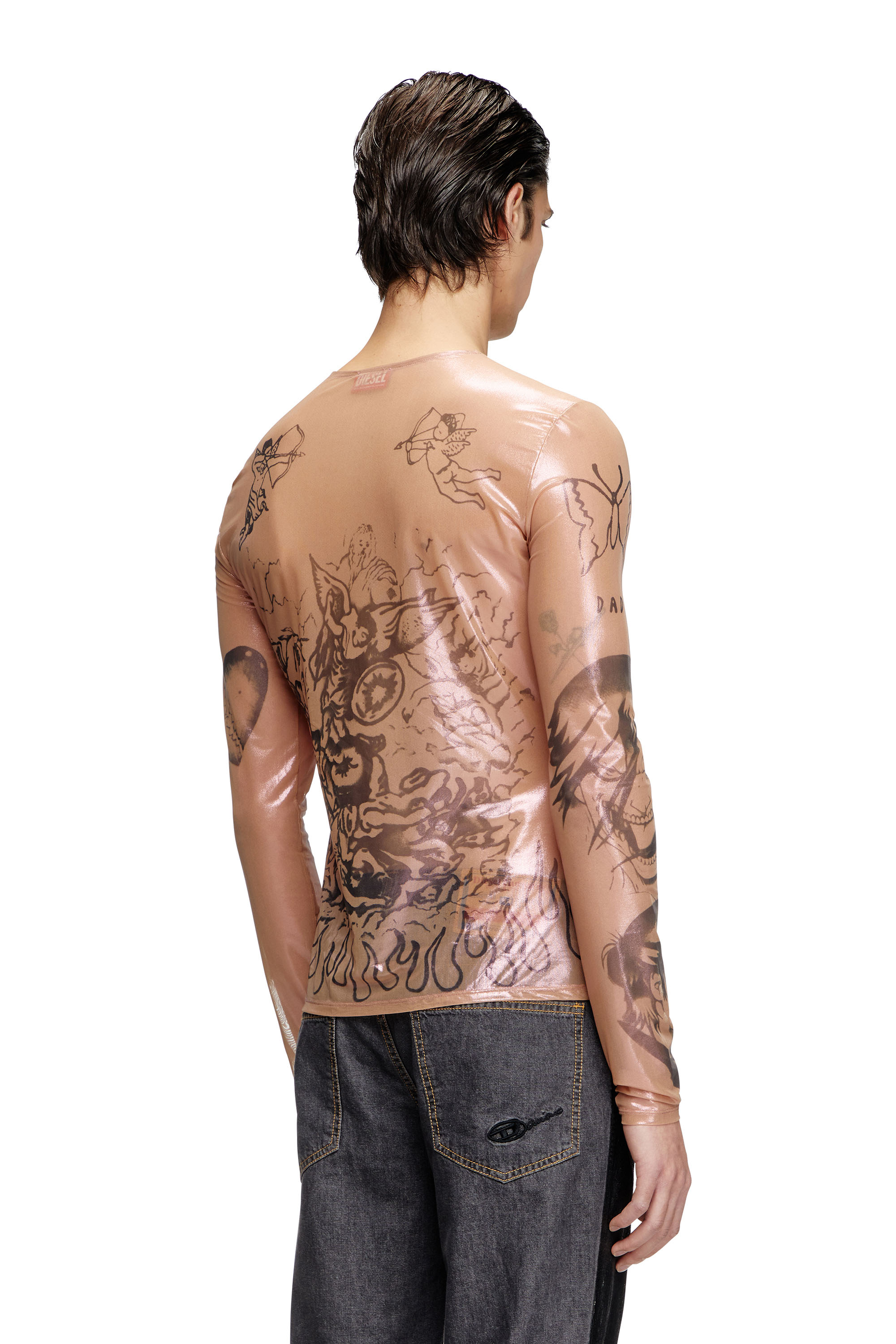 Diesel - T-CLAUDE-DD, Unisex's Tattoo top in coated stretch tulle in ピンク / ホワイト - 2