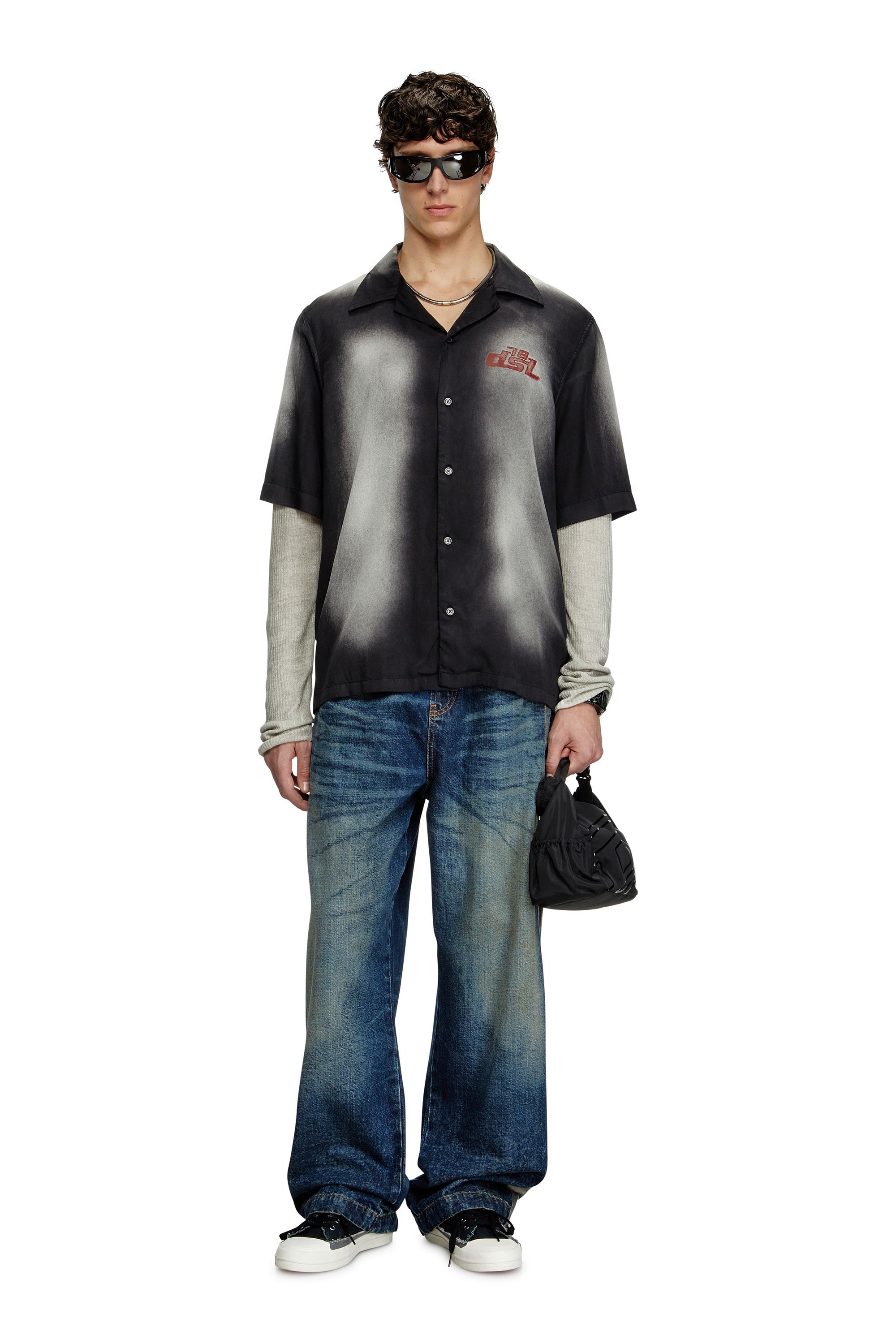 Diesel - S-ELLY, Male's Faded bowling shirt with logo prints in ブラック - 2