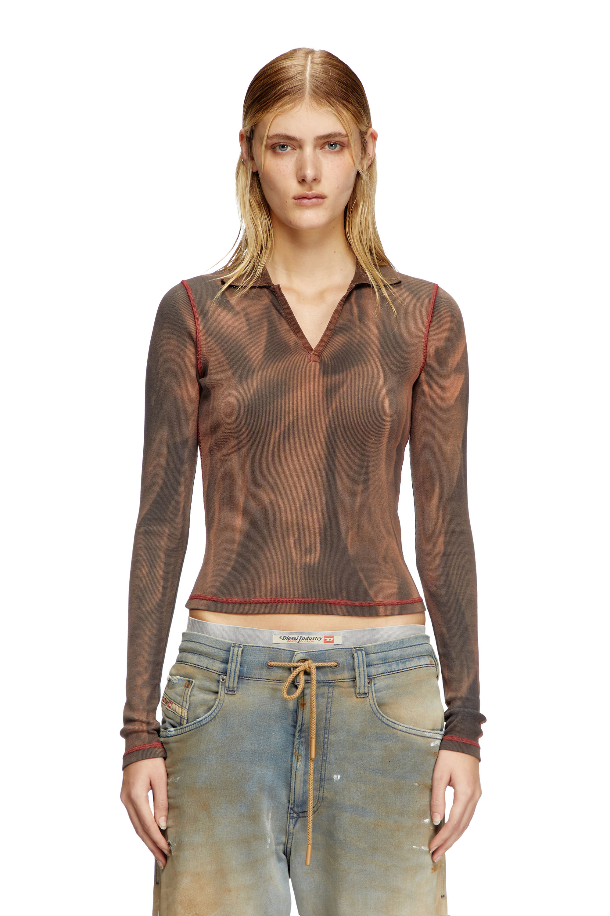 Diesel - T-RIBS, Female's V-neck jersey top with bleach treatment in Brown - 1