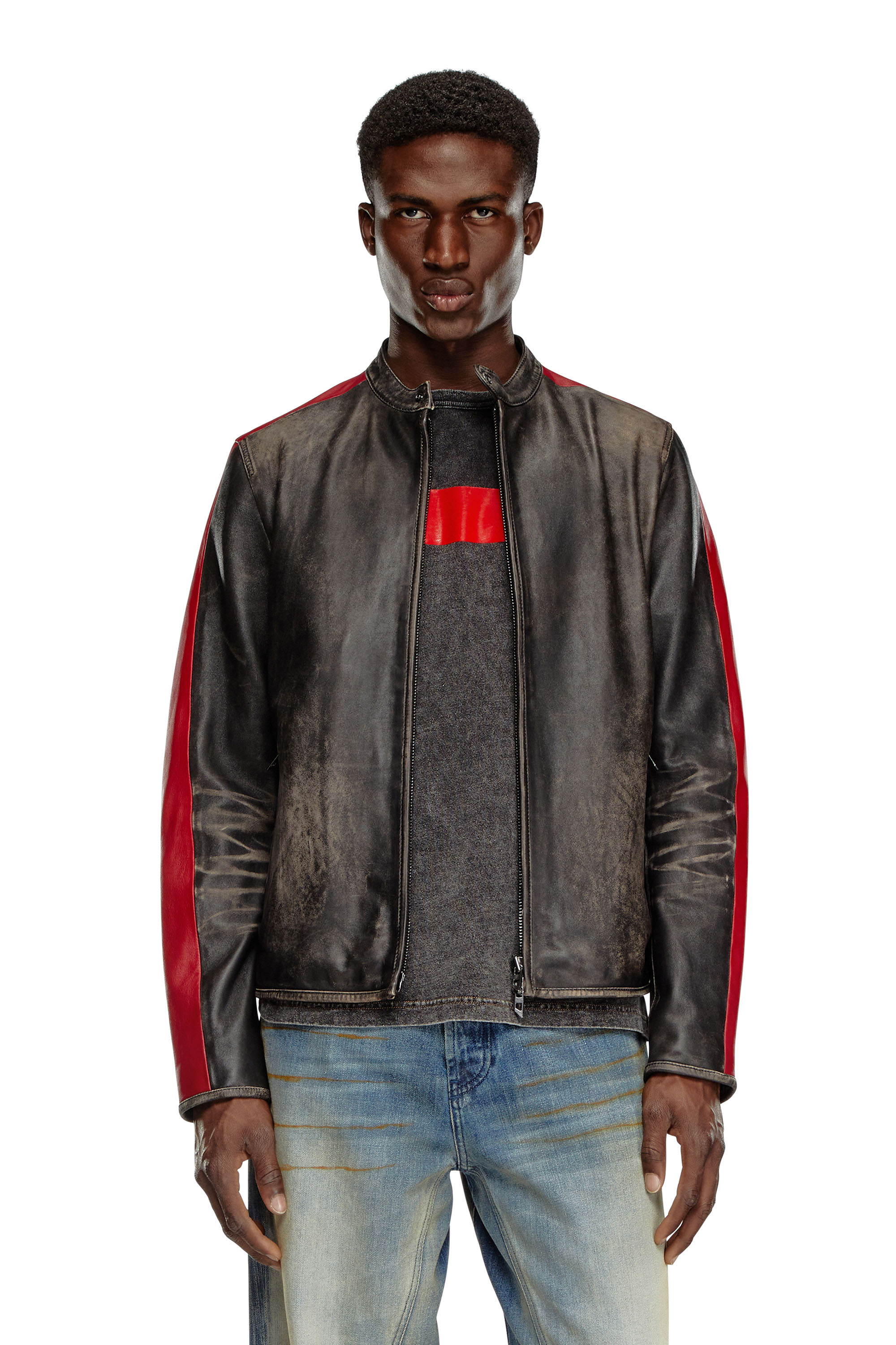 Diesel - L-RENN, Male Leather jacket with contrasting stripes in マルチカラー - Image 1