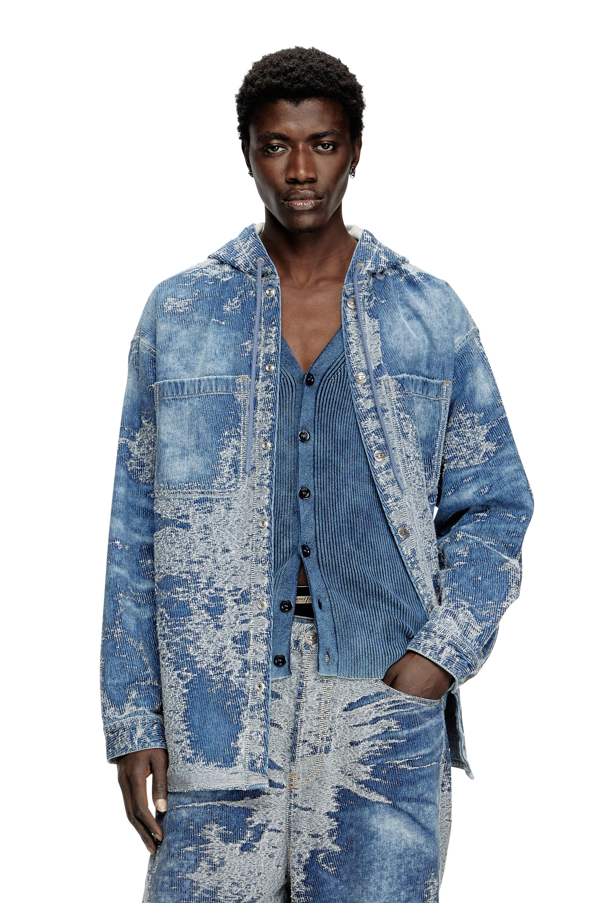 Diesel - D-DEWNYS-HOOD-S, Male's Overshirt in distressed jacquard denim in ミディアムブルー - 1