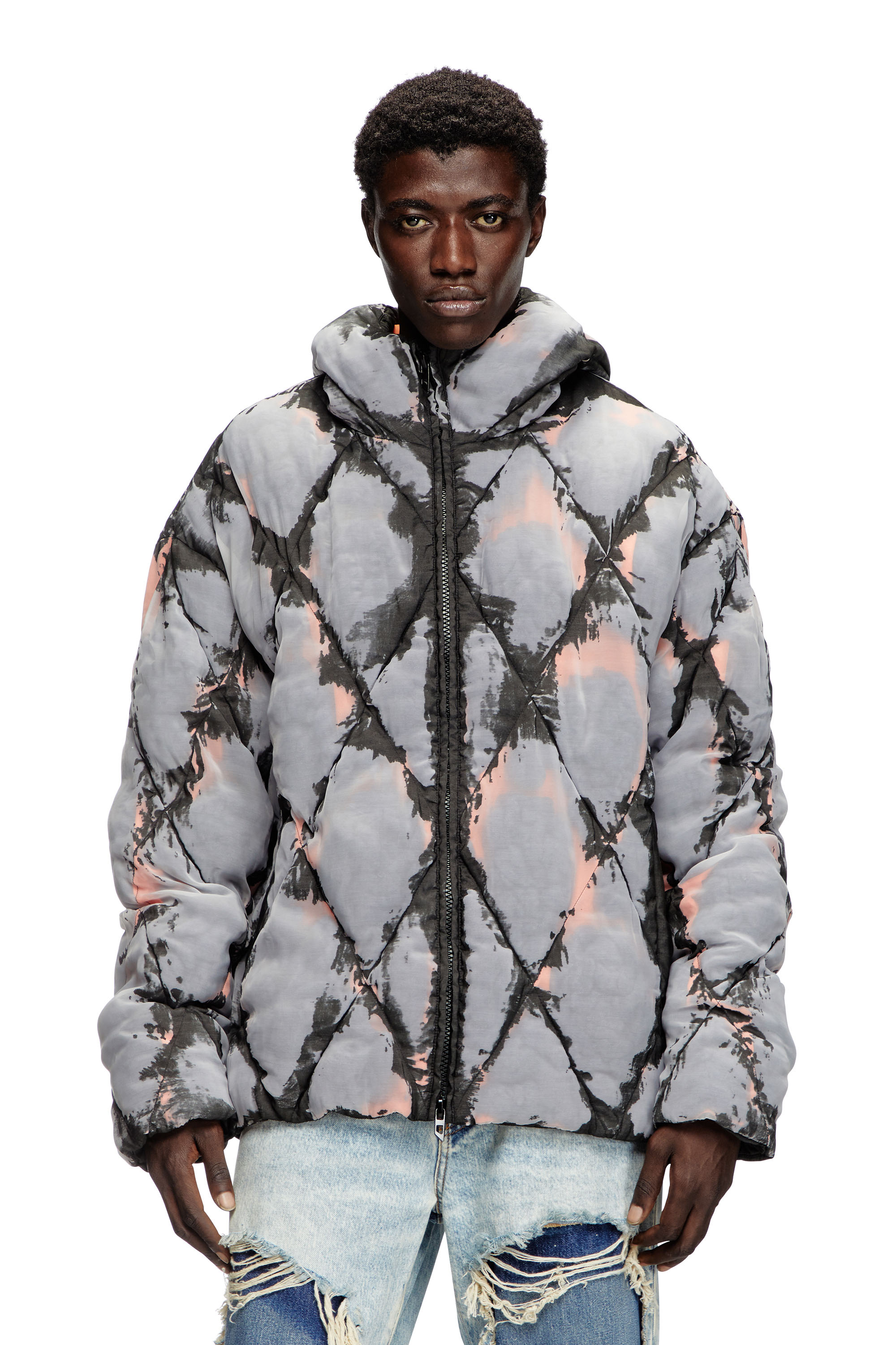 Diesel - W-DOM, Male's Hooded devoré argyle puffer jacket in ブラック/オレンジ - 1