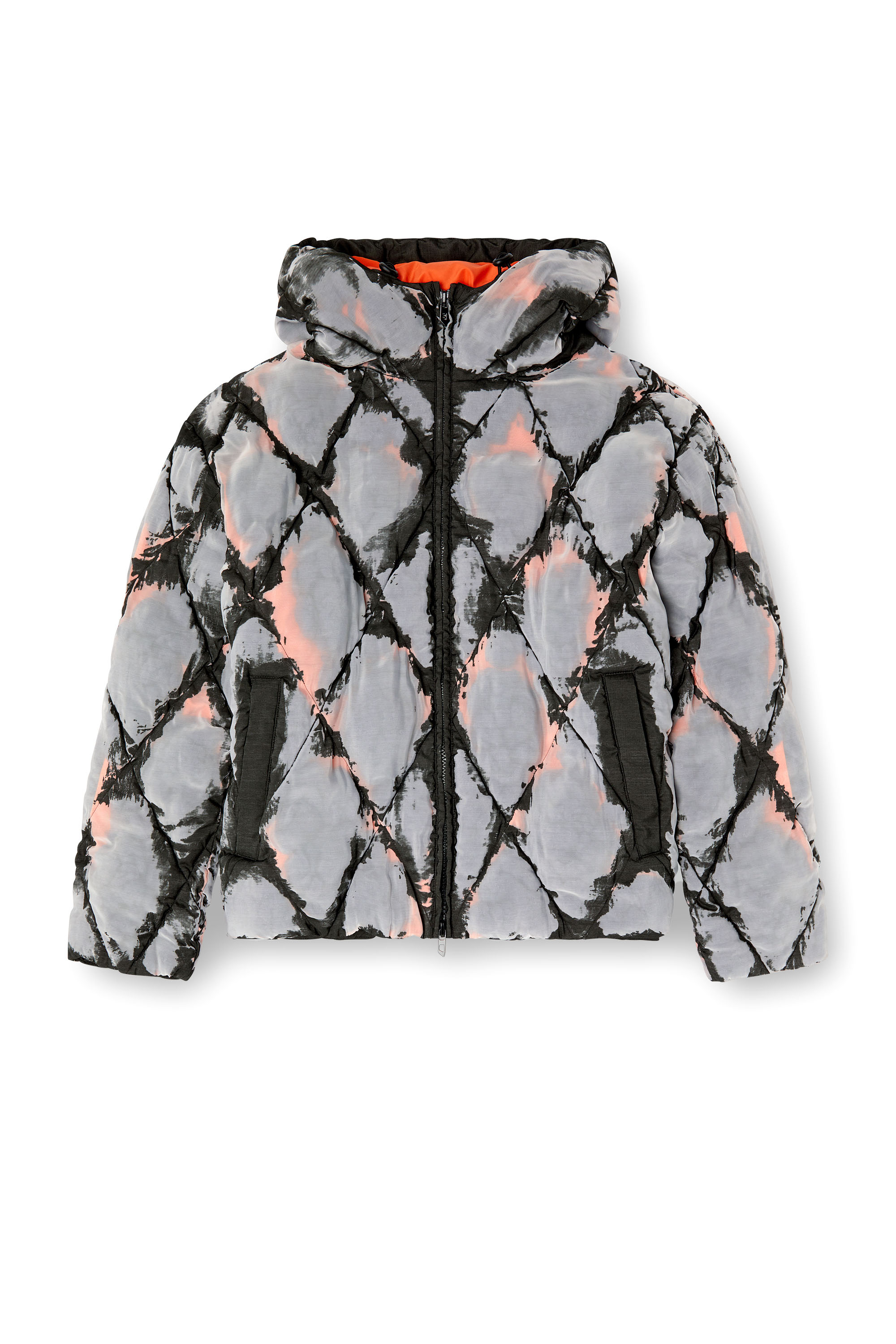 Diesel - W-DOM, Male's Hooded devoré argyle puffer jacket in ブラック/レッド - 3