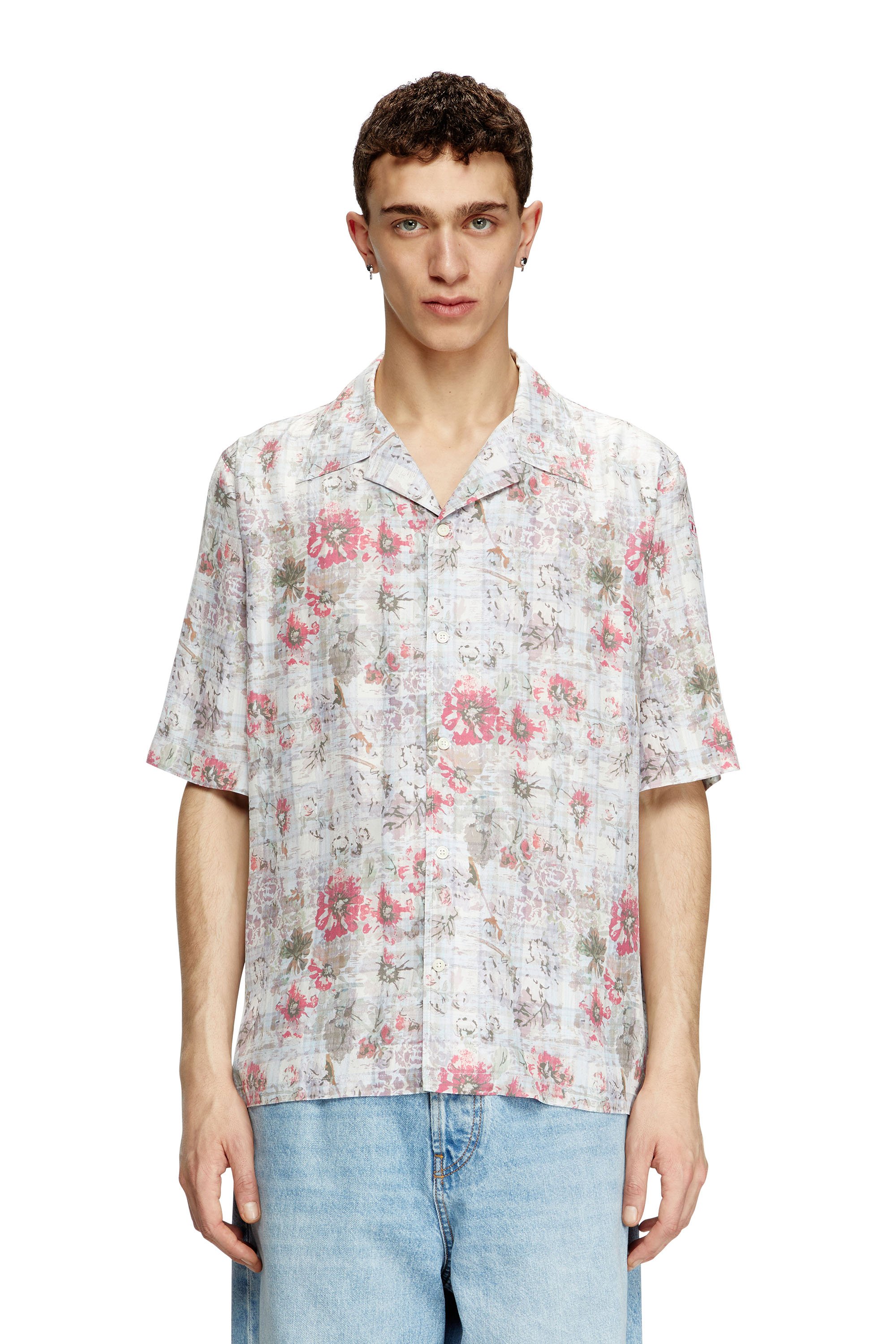 Diesel - S-LEYS, Male's Bowling shirt with floral print in ブルー/ピンク - 1