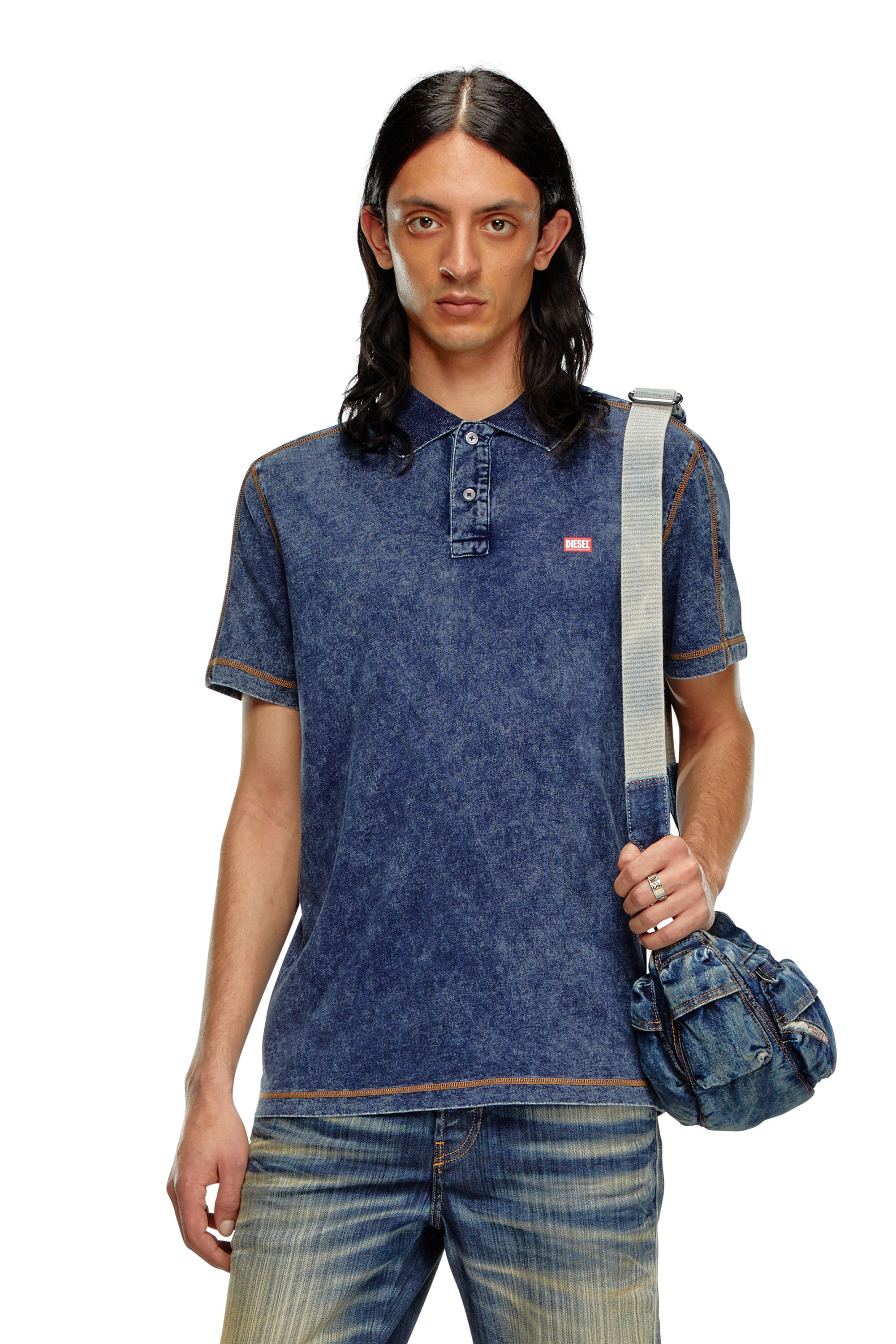 Diesel - T-SWIND, Male Polo shirt in denim-effect jersey in ブルー - Image 1