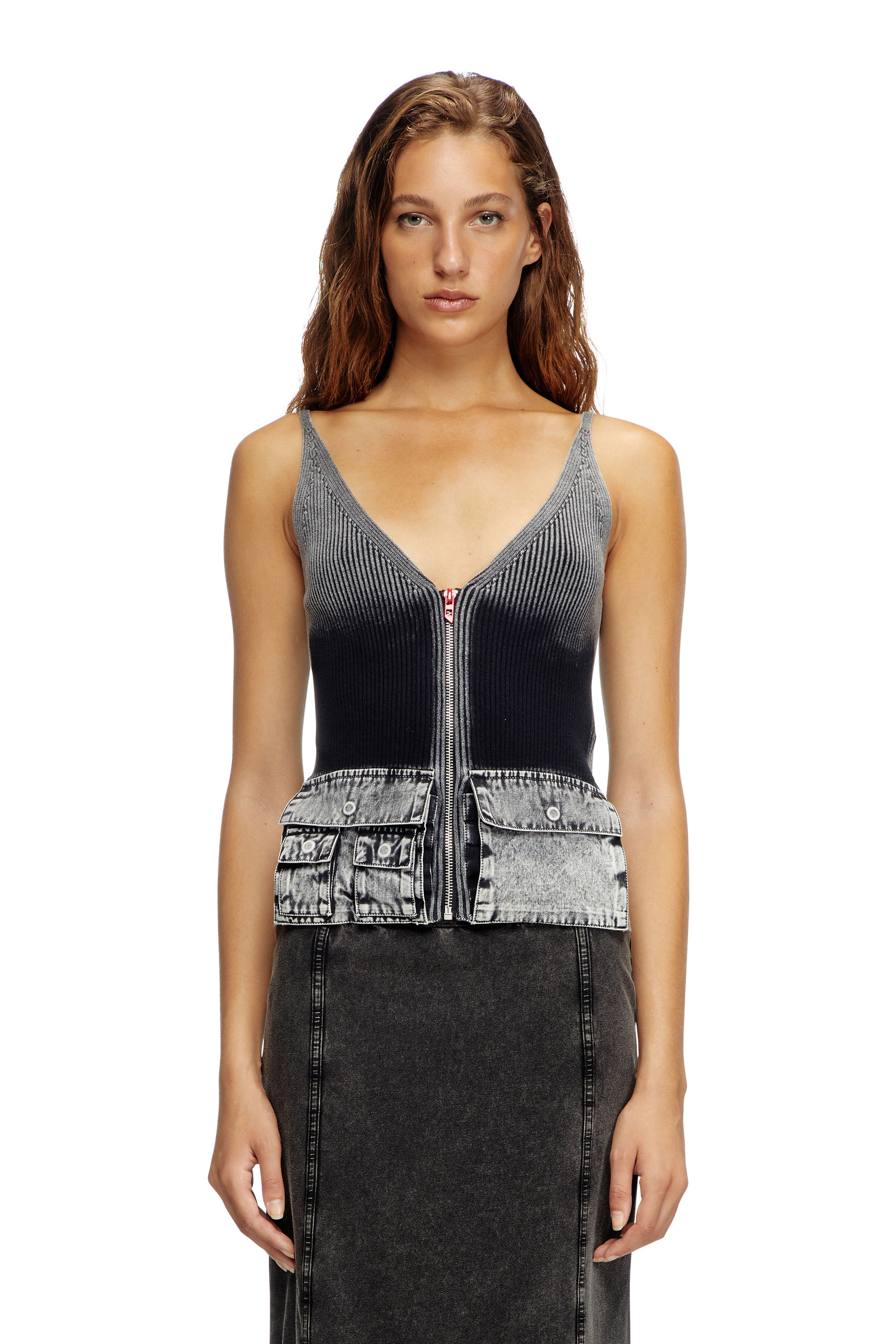 Diesel - M-MELLY, Female's Knit tank top with denim cargo pockets in ダークグレー - 1