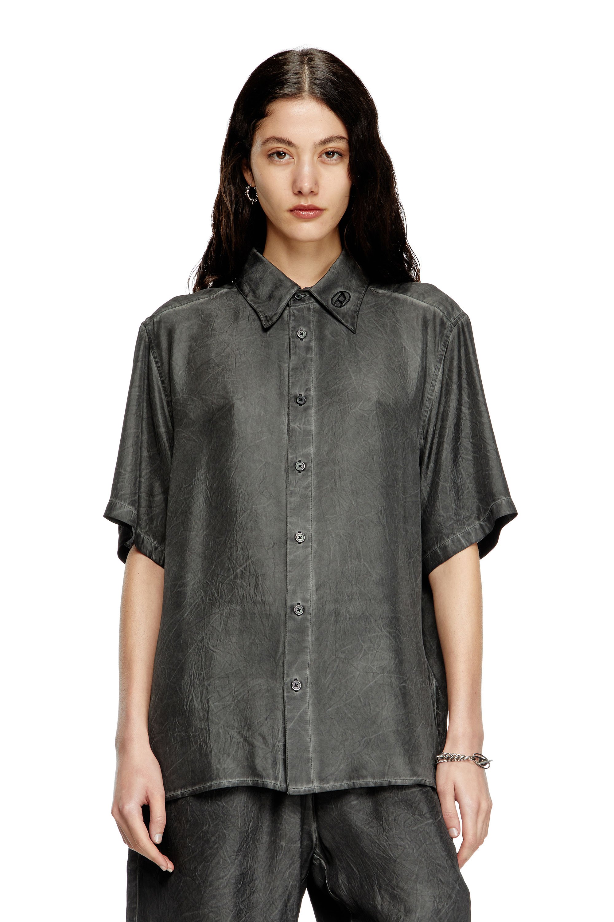 Diesel - S-LEON-SHORT, Unisex's Crinkled short-sleeve shirt with logo collar in ブラック - 5