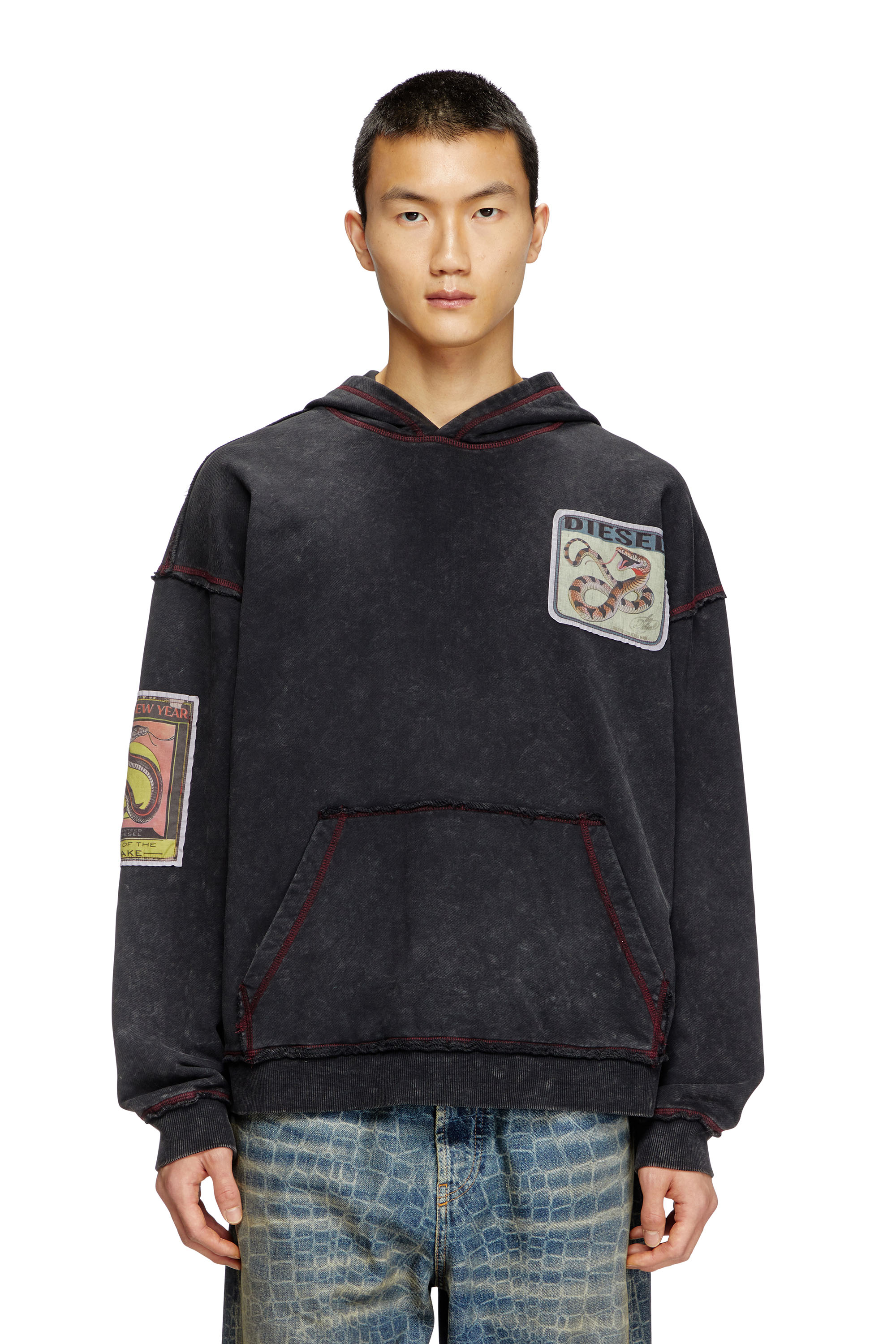 Diesel - CL-S-BOXT-HOOD-SNAKE, Unisex's Treated hoodie with snake patches in ブラック - 2