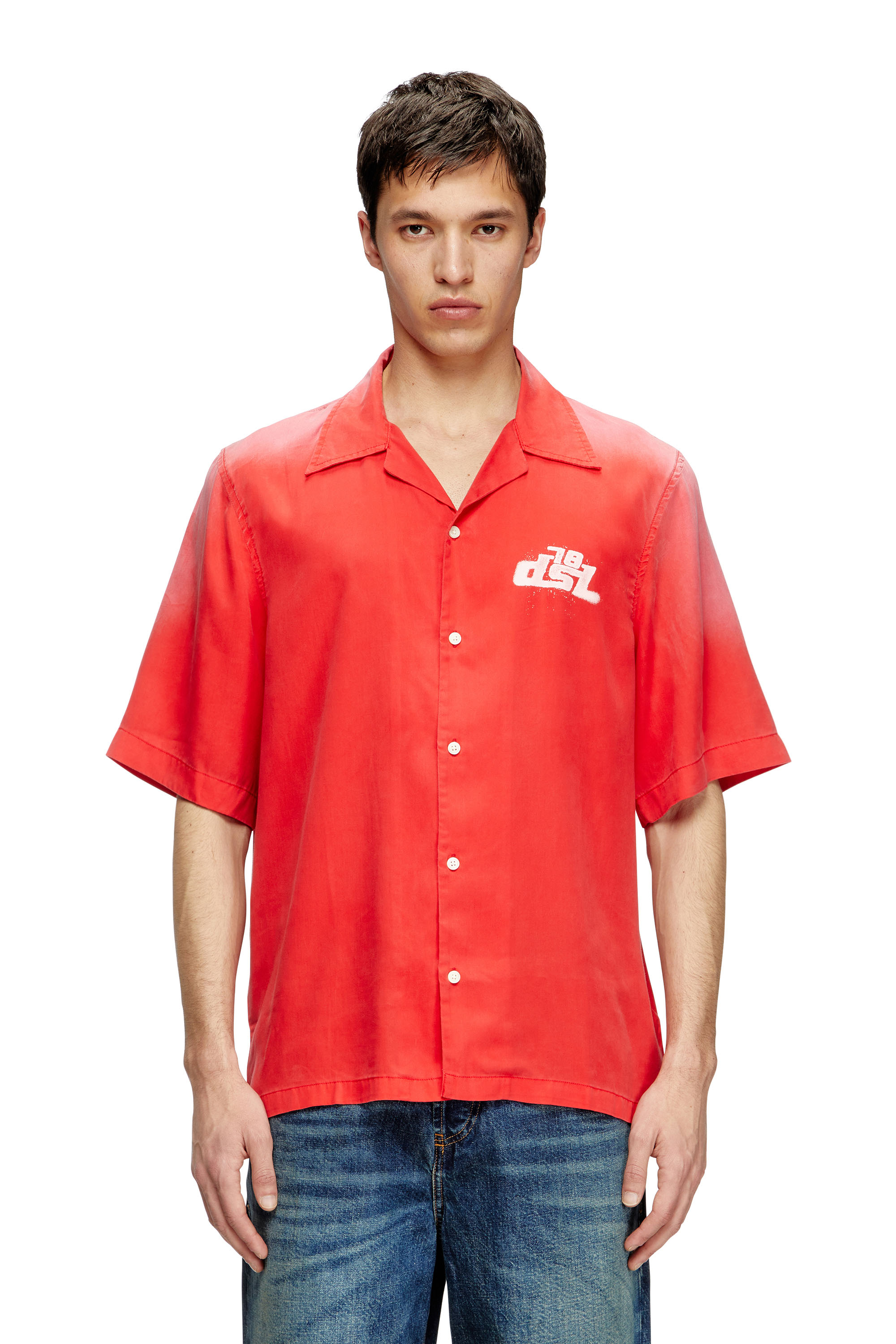 Diesel - S-ELLY, Male's Faded bowling shirt with logo prints in レッド - 1