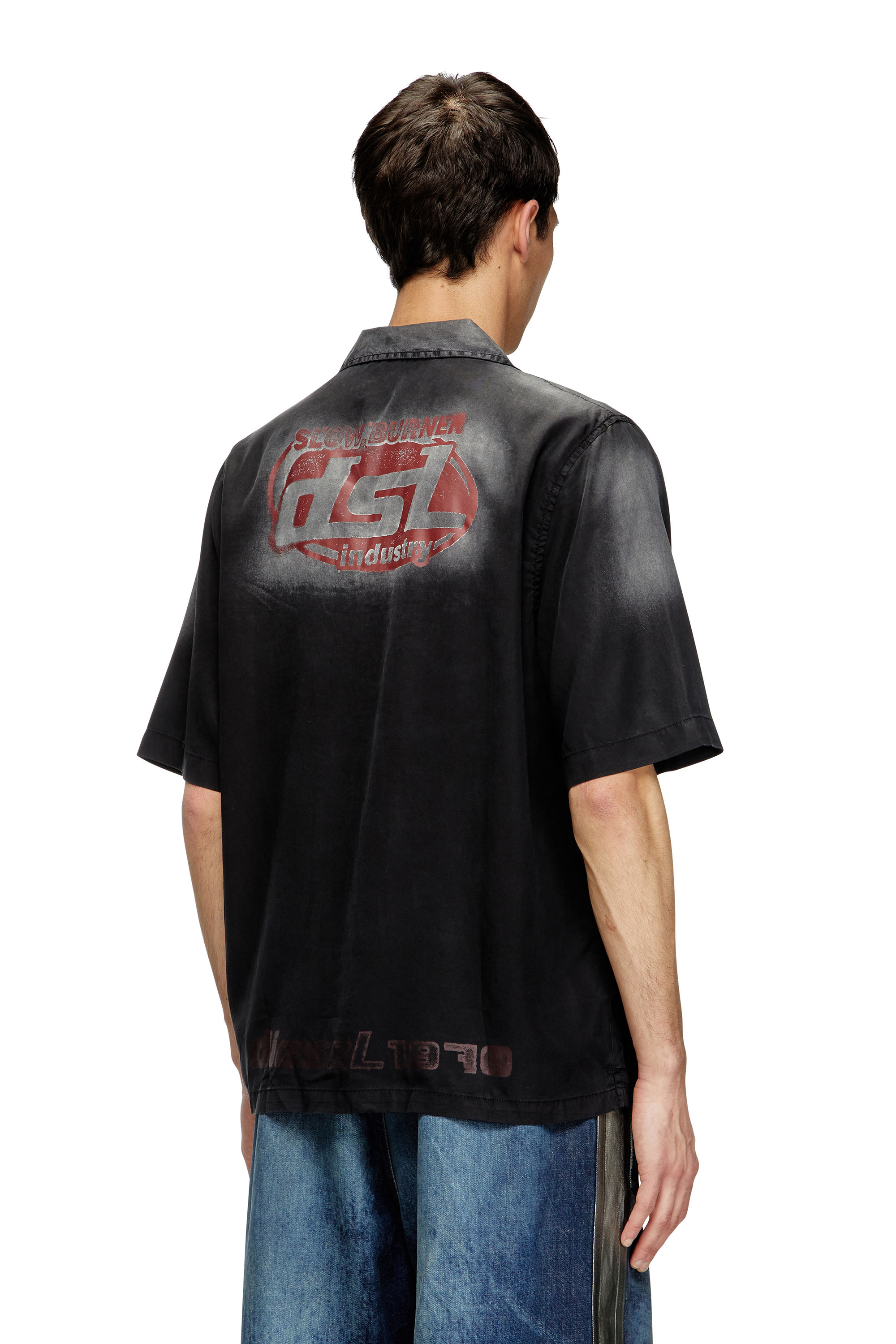 Diesel - S-ELLY, Male's Faded bowling shirt with logo prints in ブラック - 3