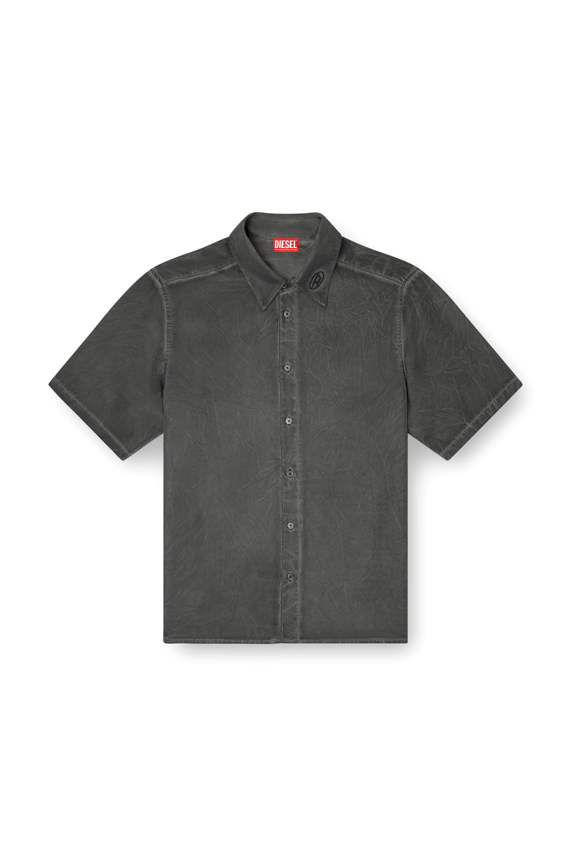 Diesel - S-LEON-SHORT, Unisex's Crinkled short-sleeve shirt with logo collar in ブラック - 4