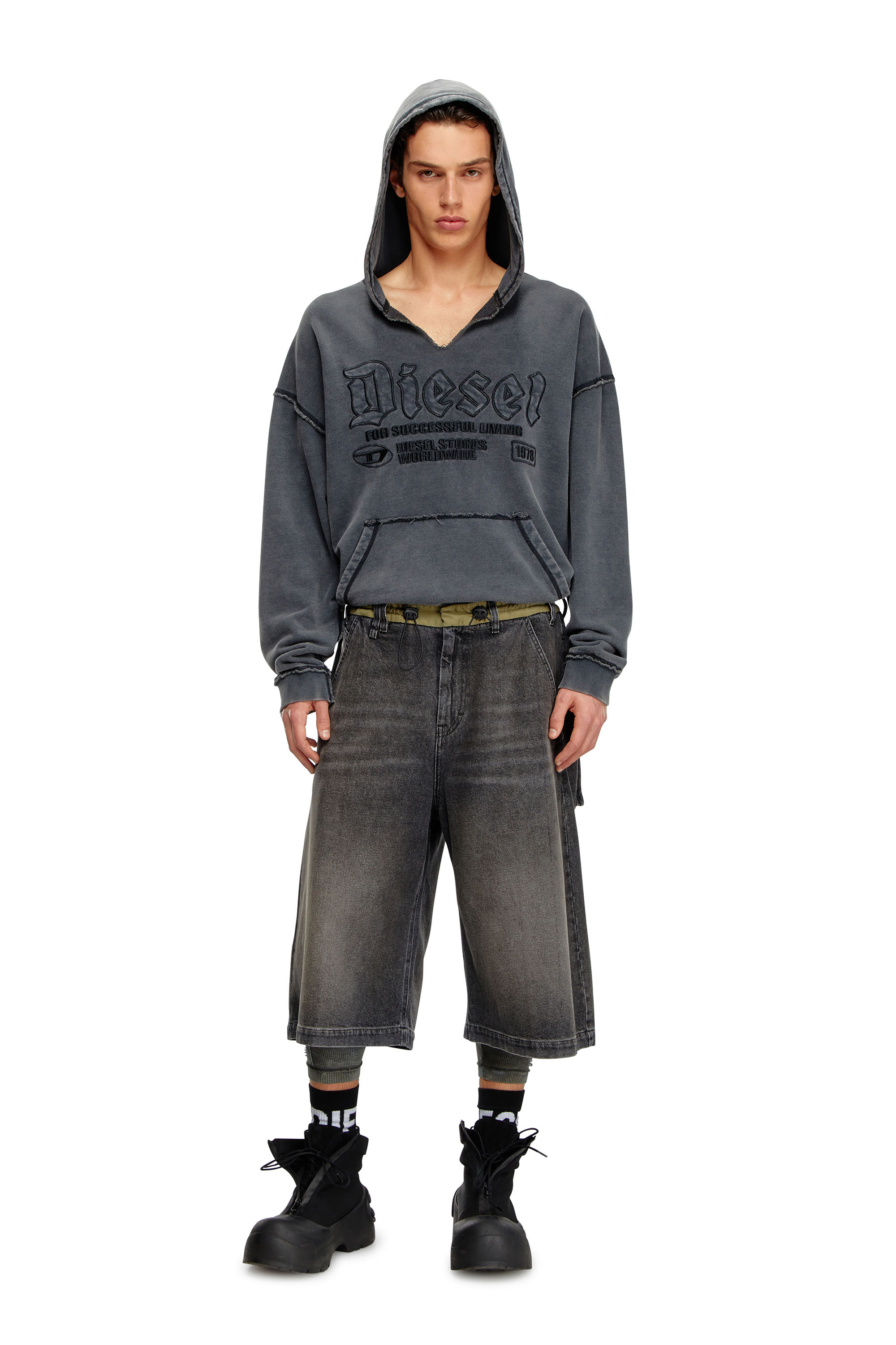 Diesel - S-BOXT-HOOD-RAW, Male V-neck hoodie in treated jersey in ブラック - Image 2