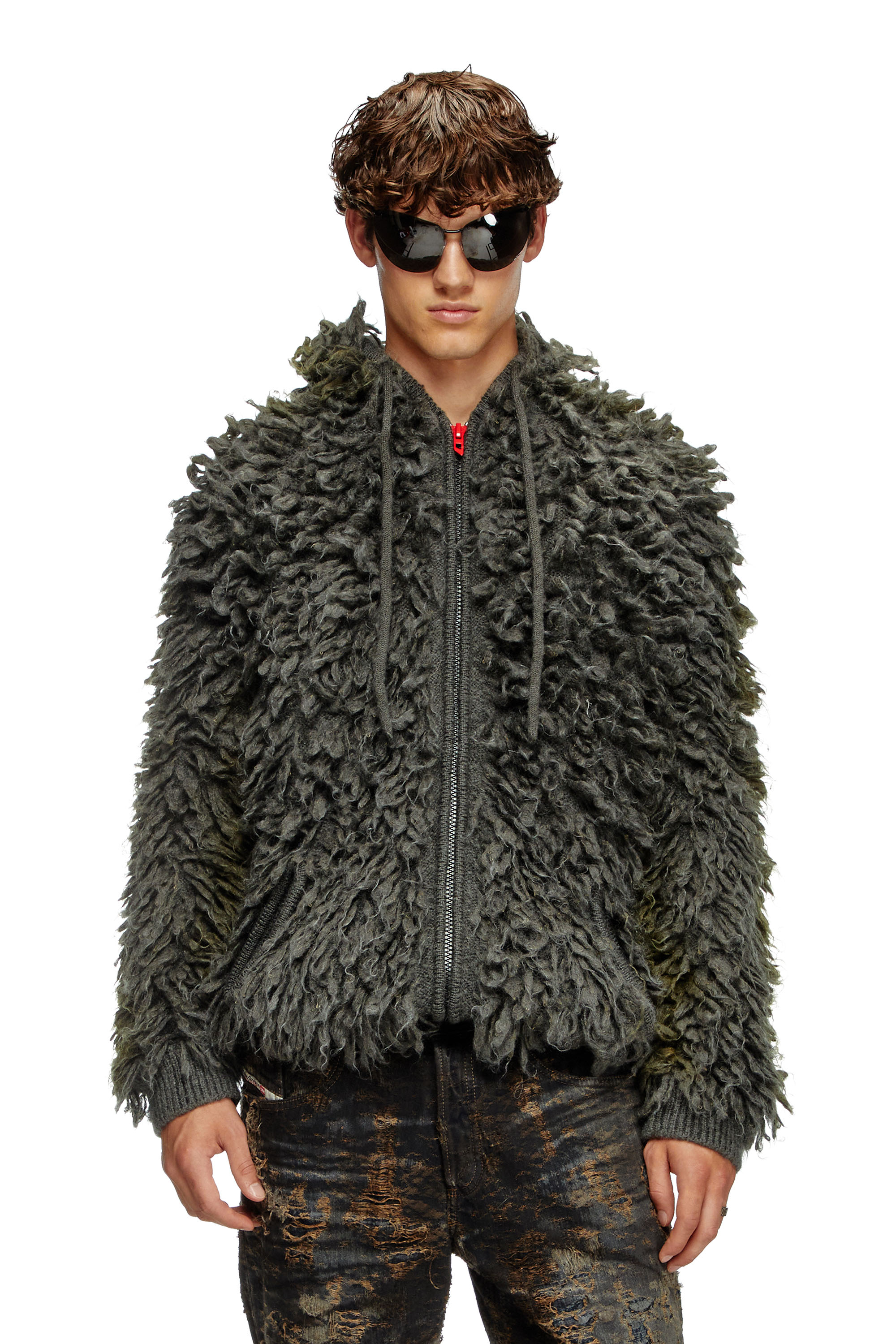 Diesel - K-WHITMAN, Male's Hooded cardigan in shaggy knit in ダークグレー - 1