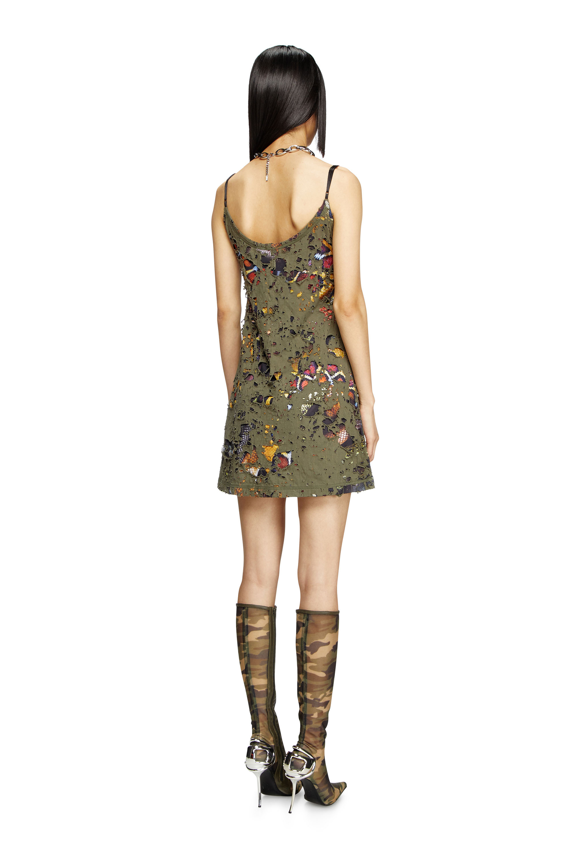 Diesel - CL-D-JENA-DEV-SNAKE, Female's Destroyed snake-print slip dress in オリーブグリーン - 3