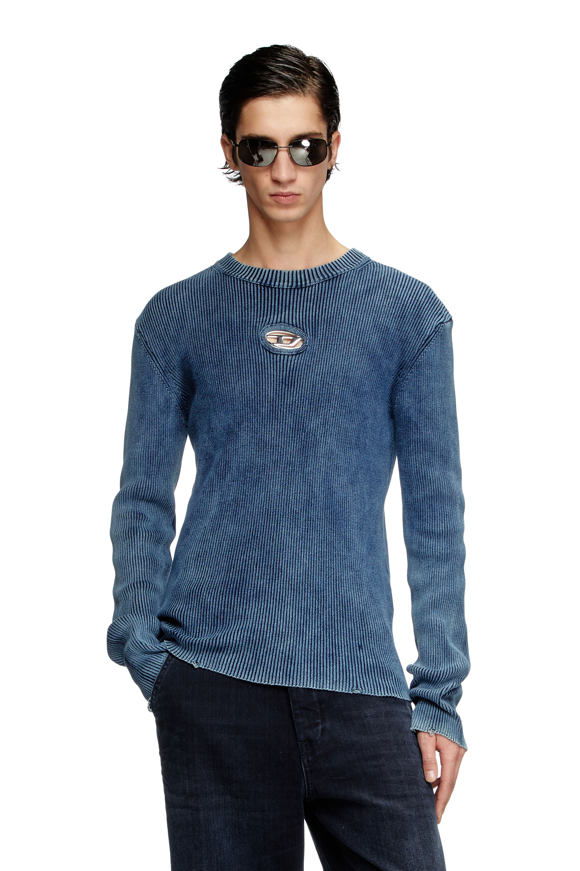 Diesel - K-DARIN-D, Male's Distressed jumper with cut-out logo in ブルー - 1