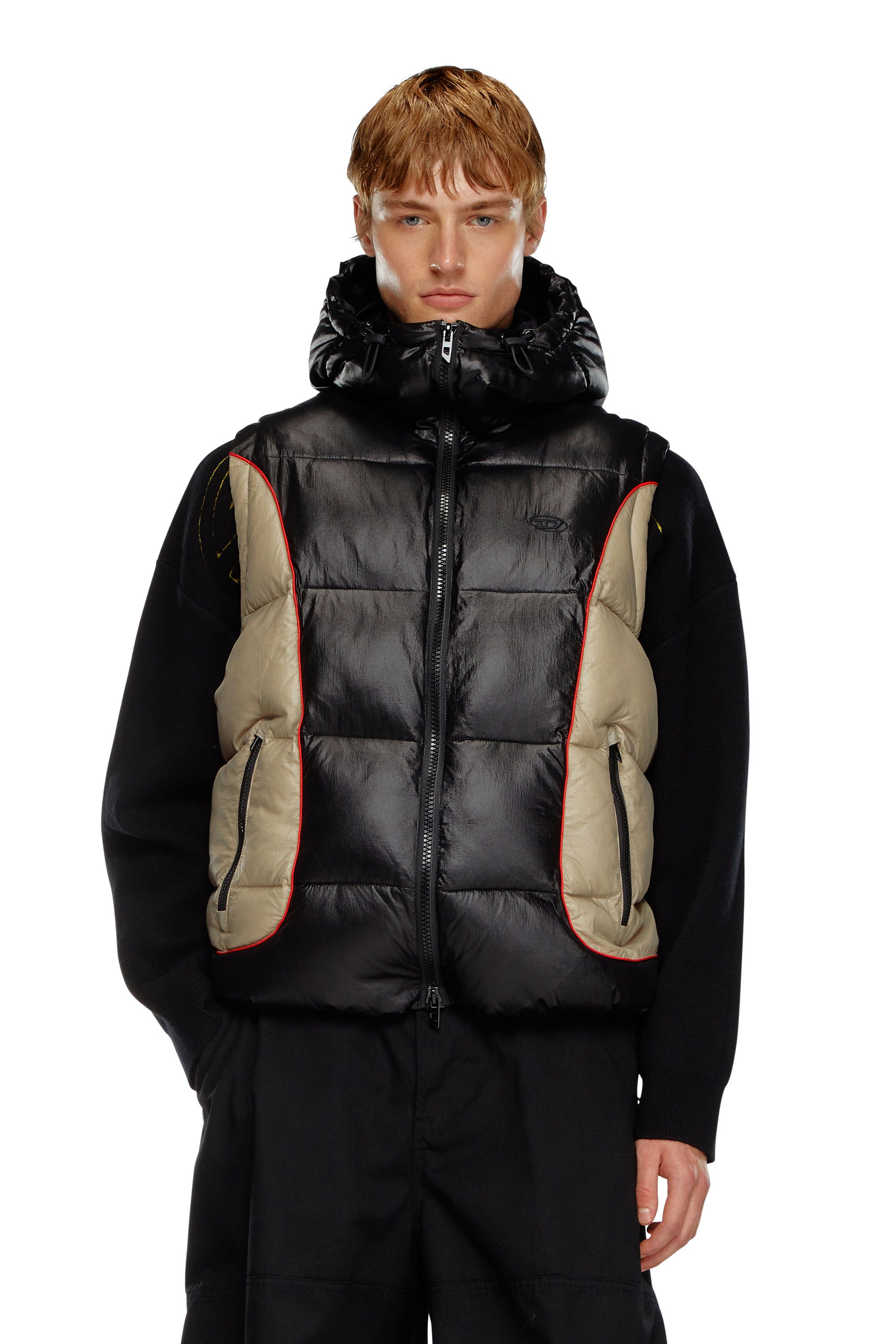 Diesel - W-OSTEND-SL, Male's Hooded puffer vest in shiny ripstop in ブラック/ベージュ - 1