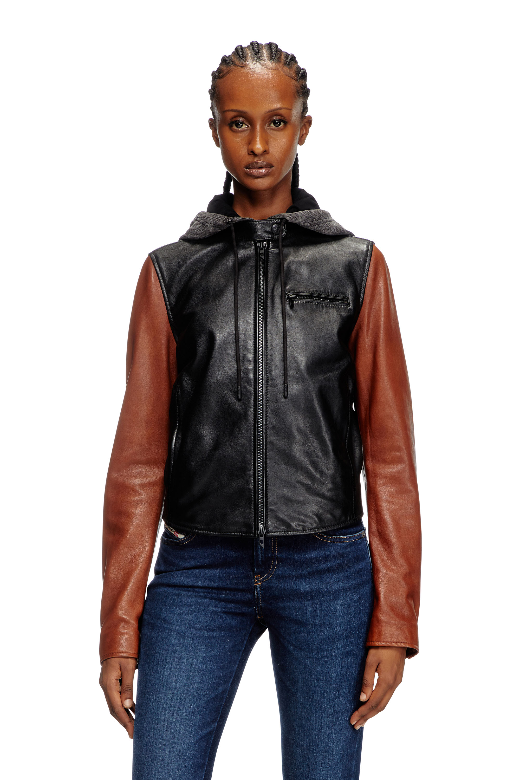 Diesel - L-OUDER, Female's Colour-block leather jacket in ブラック/ブラウン - 1