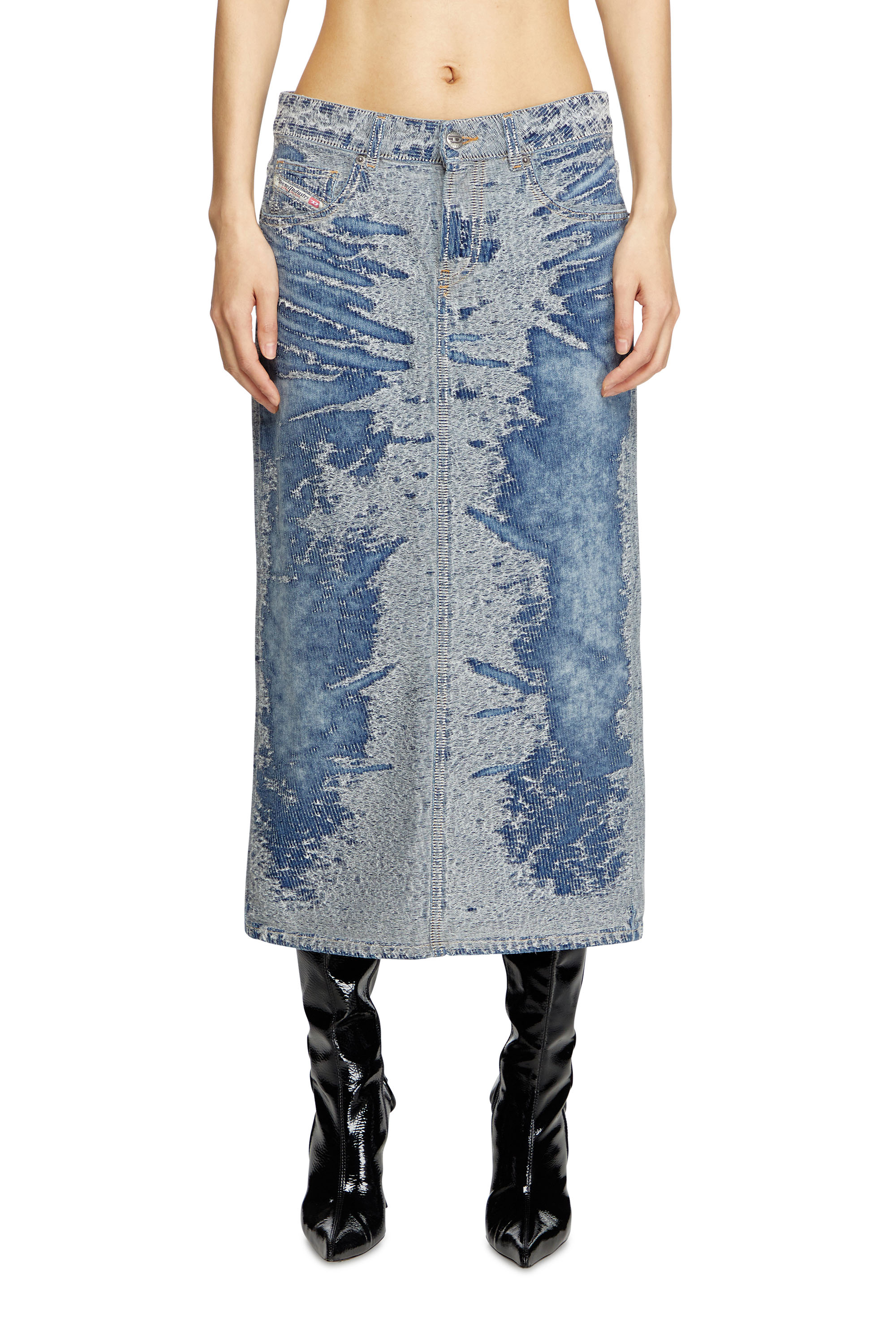 Diesel - DE-SKYE-S, Female's Midi skirt in distressed jacquard denim in ライトブルー - 1