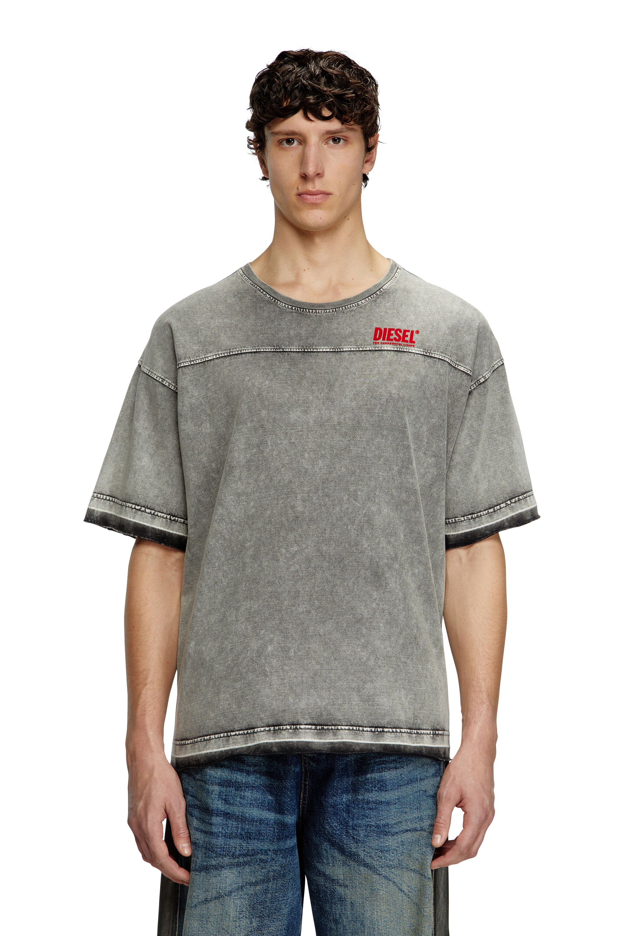 Diesel - T-HOXT, Male's Denim-look T-shirt with released hems in ライトグレー - 1