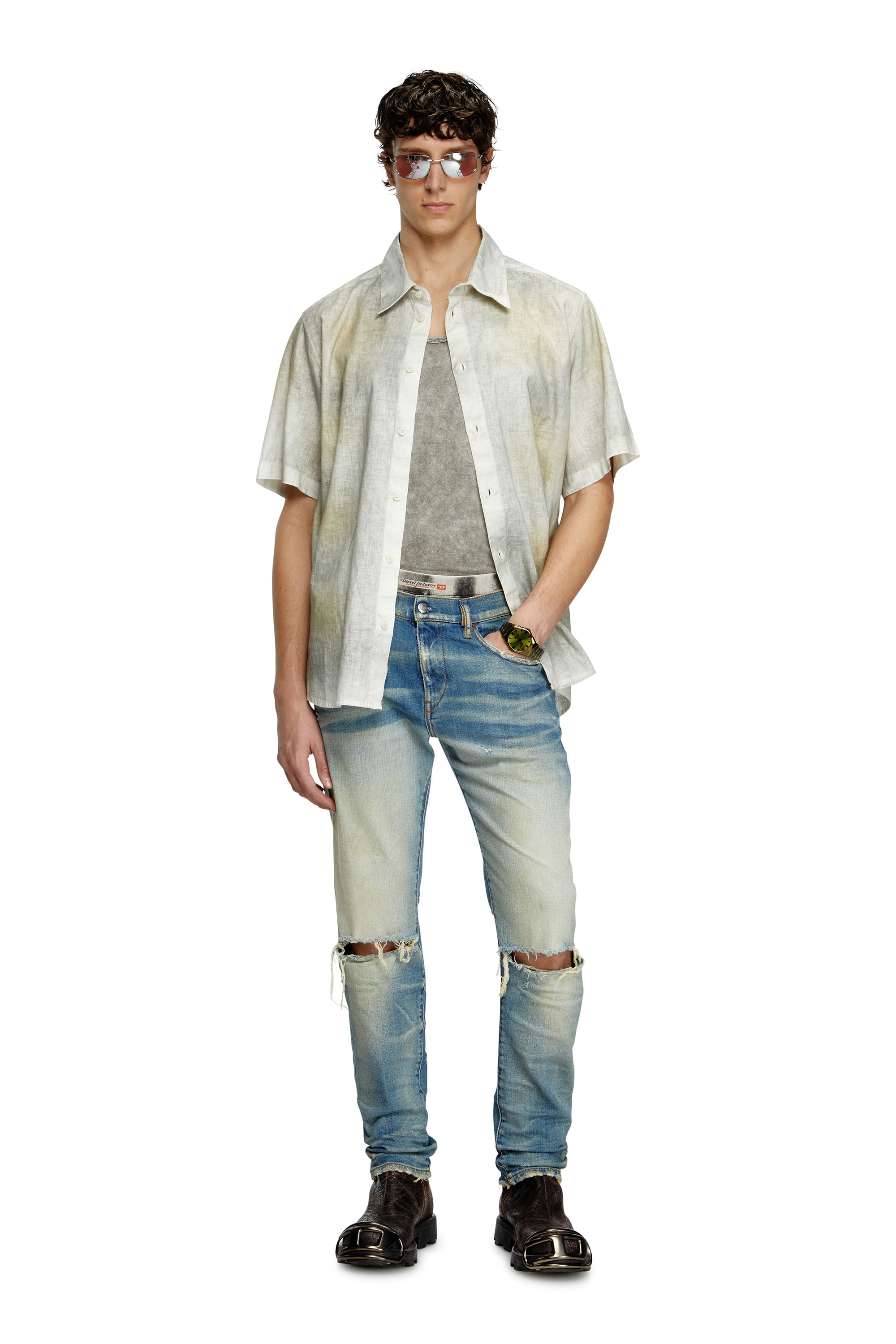 Diesel - S-LEIE-SHORT, Male's Treated linen-blend short-sleeve shirt in グレー/ホワイト - 2