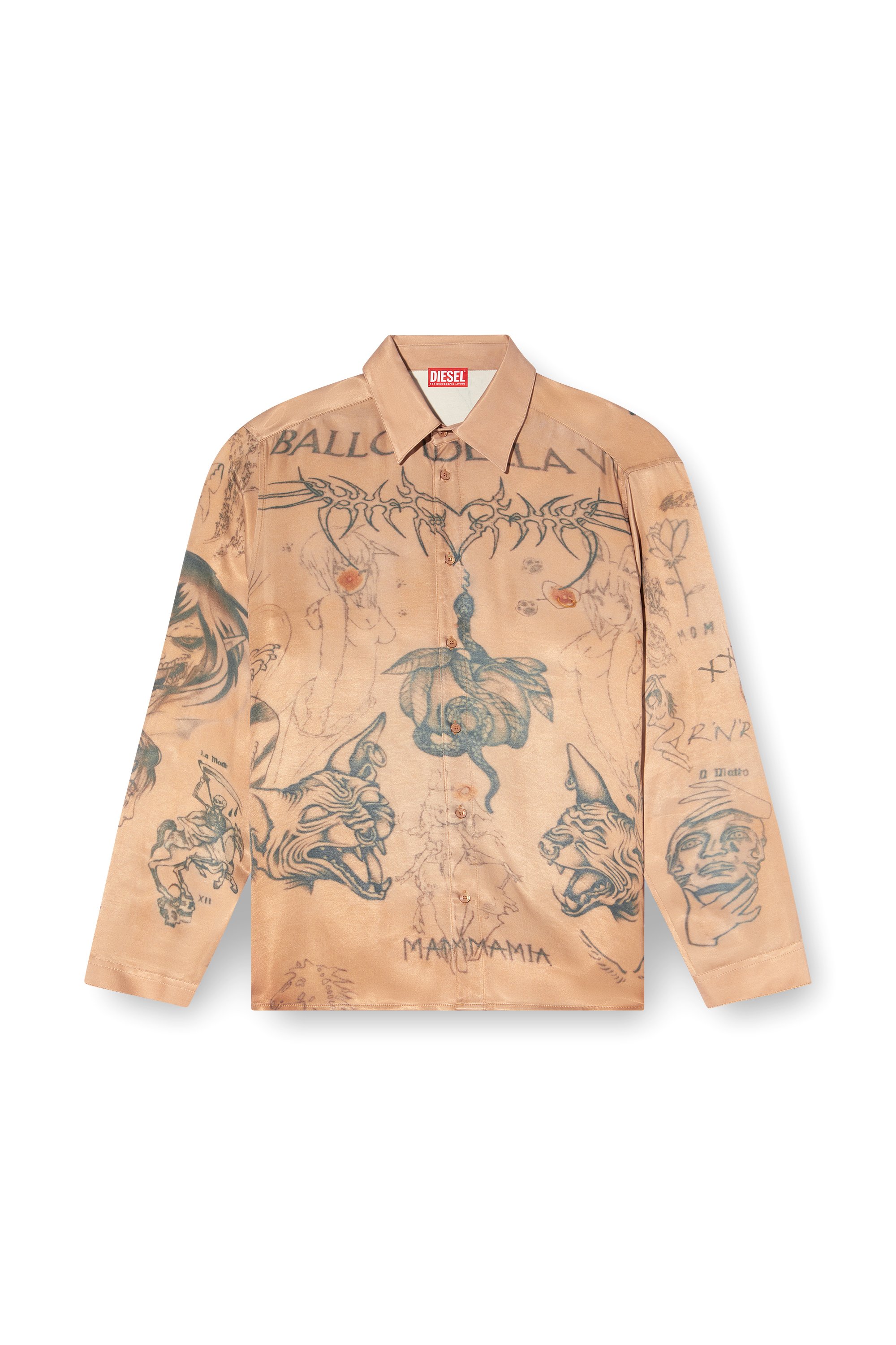 Diesel - S-SIMPLY-TTO-DD, Unisex's Fluid satin shirt with tattoo print in ベージュ - 8