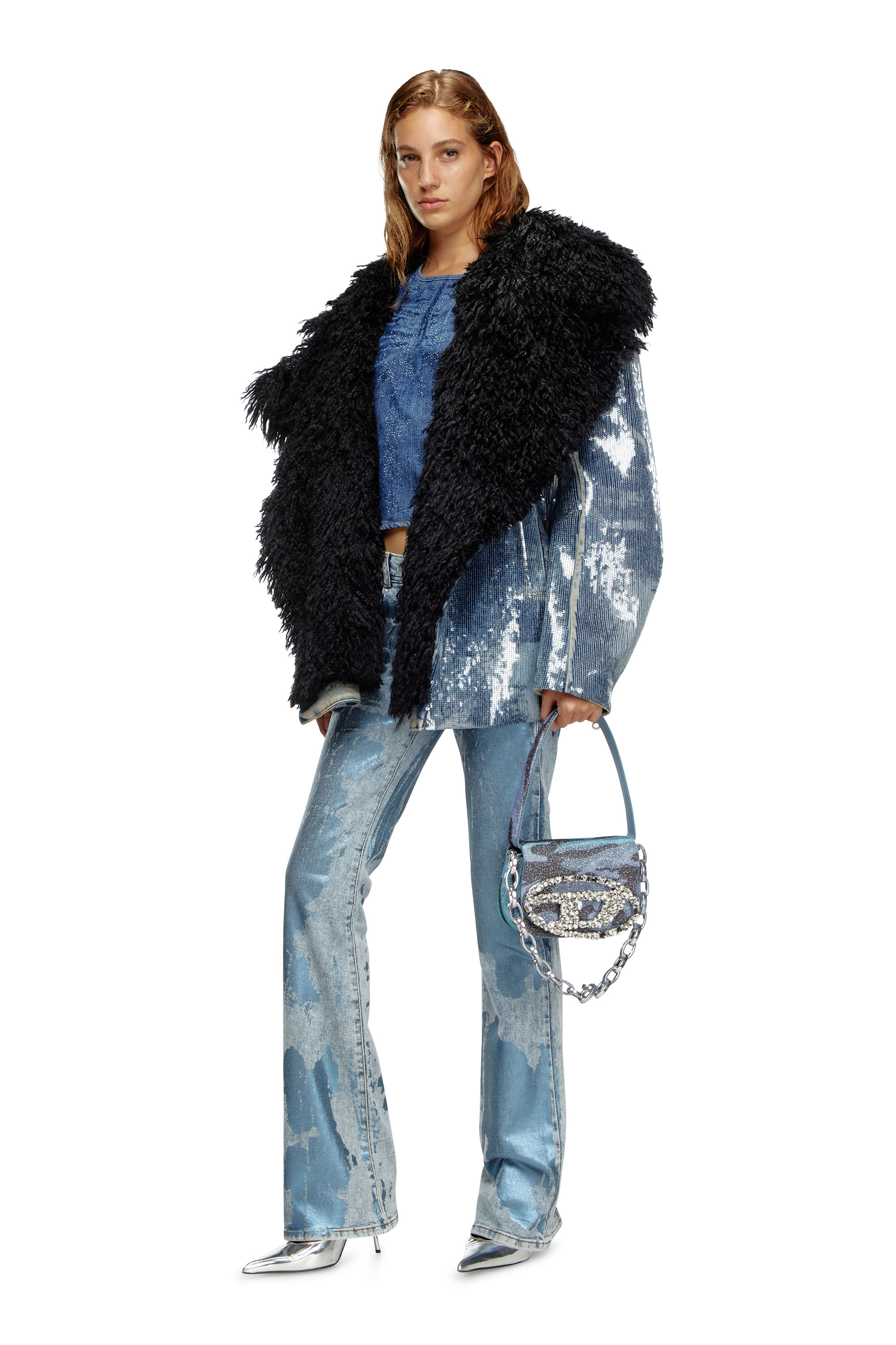 Diesel - DE-BIKA-S, Female's Sequin denim jacket with shaggy collar in ブルー - 2