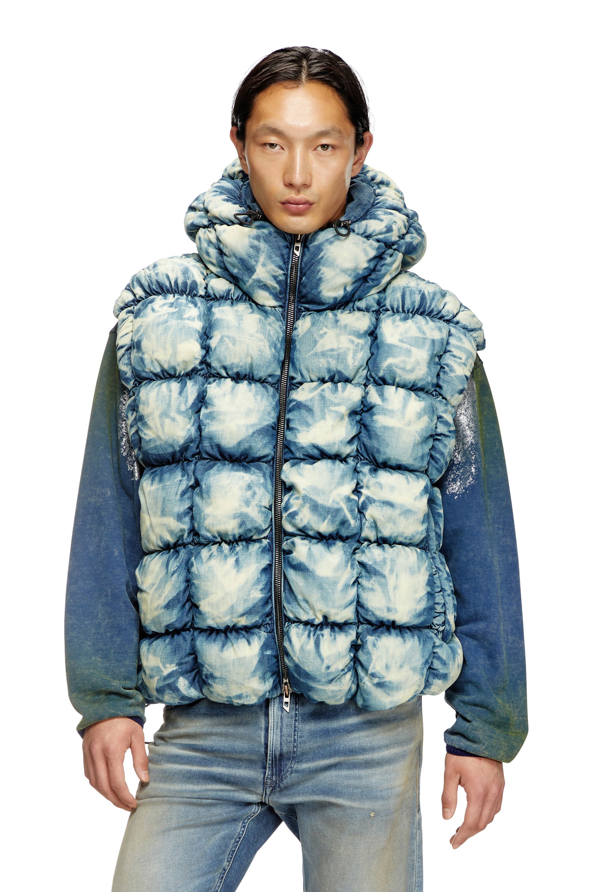 Diesel - W-THYS, Unisex's Tie-dyed denim puffer vest in ブルー - 1