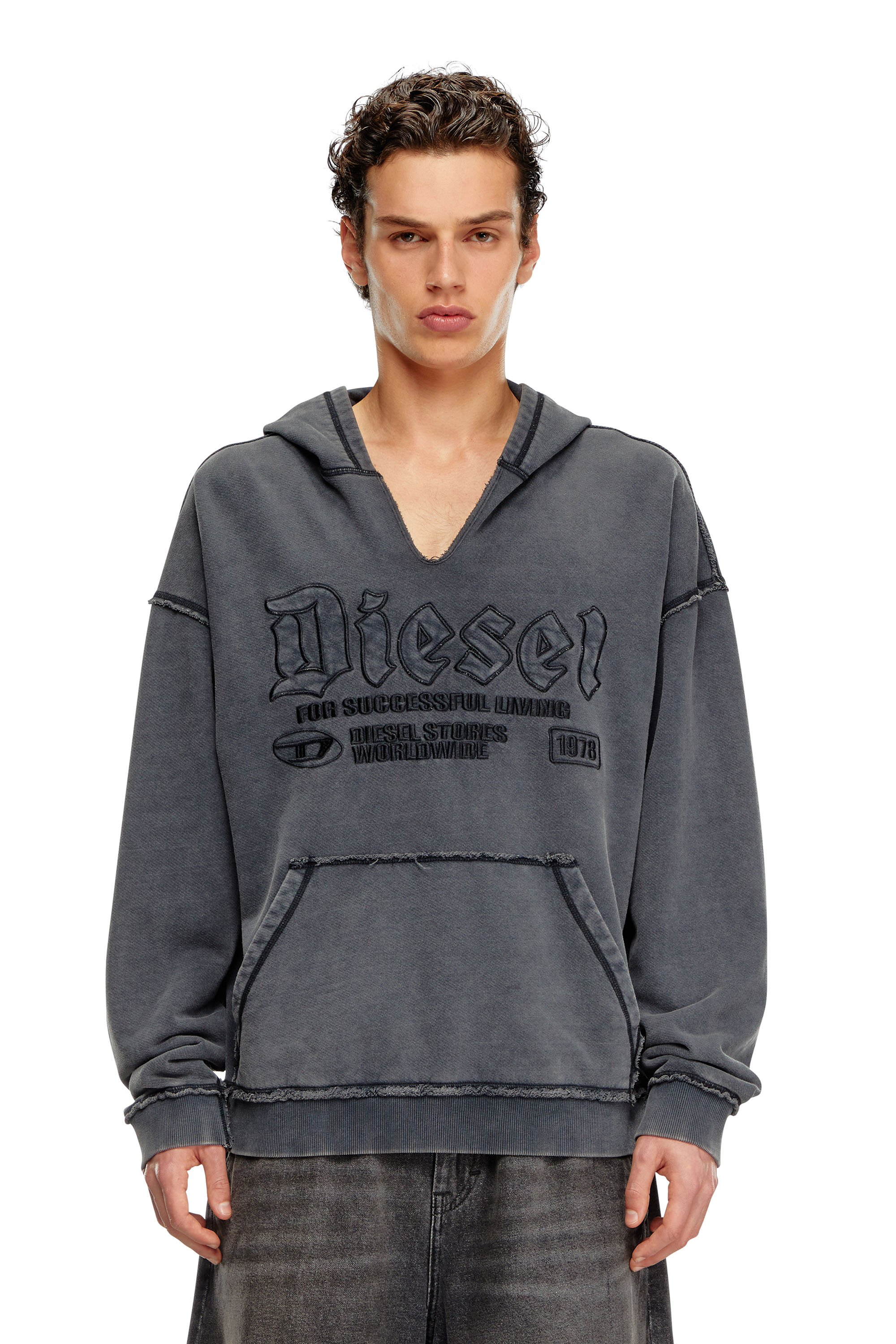 Diesel - S-BOXT-HOOD-RAW, Male V-neck hoodie in treated jersey in ブラック - Image 5