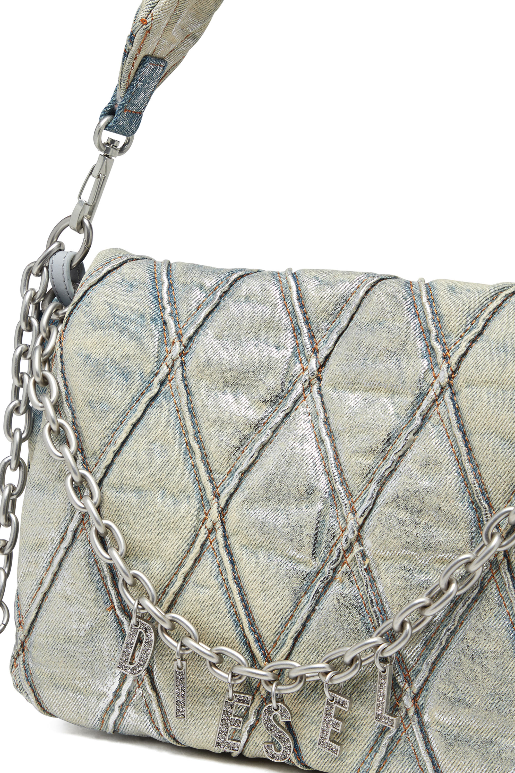 Diesel - CHARM-D SHOULDER M, Female's Charm-D M-Shoulder bag in metallic quilted denim in ライトブルー - 5