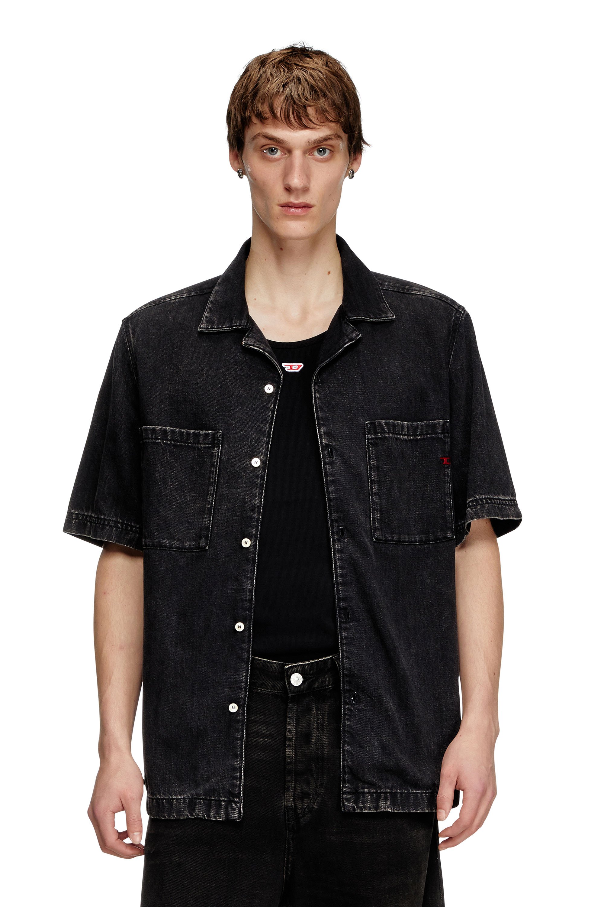 Diesel - D-PAROSHORT, Male's Bowling shirt in Tencel denim in ブラック - 1