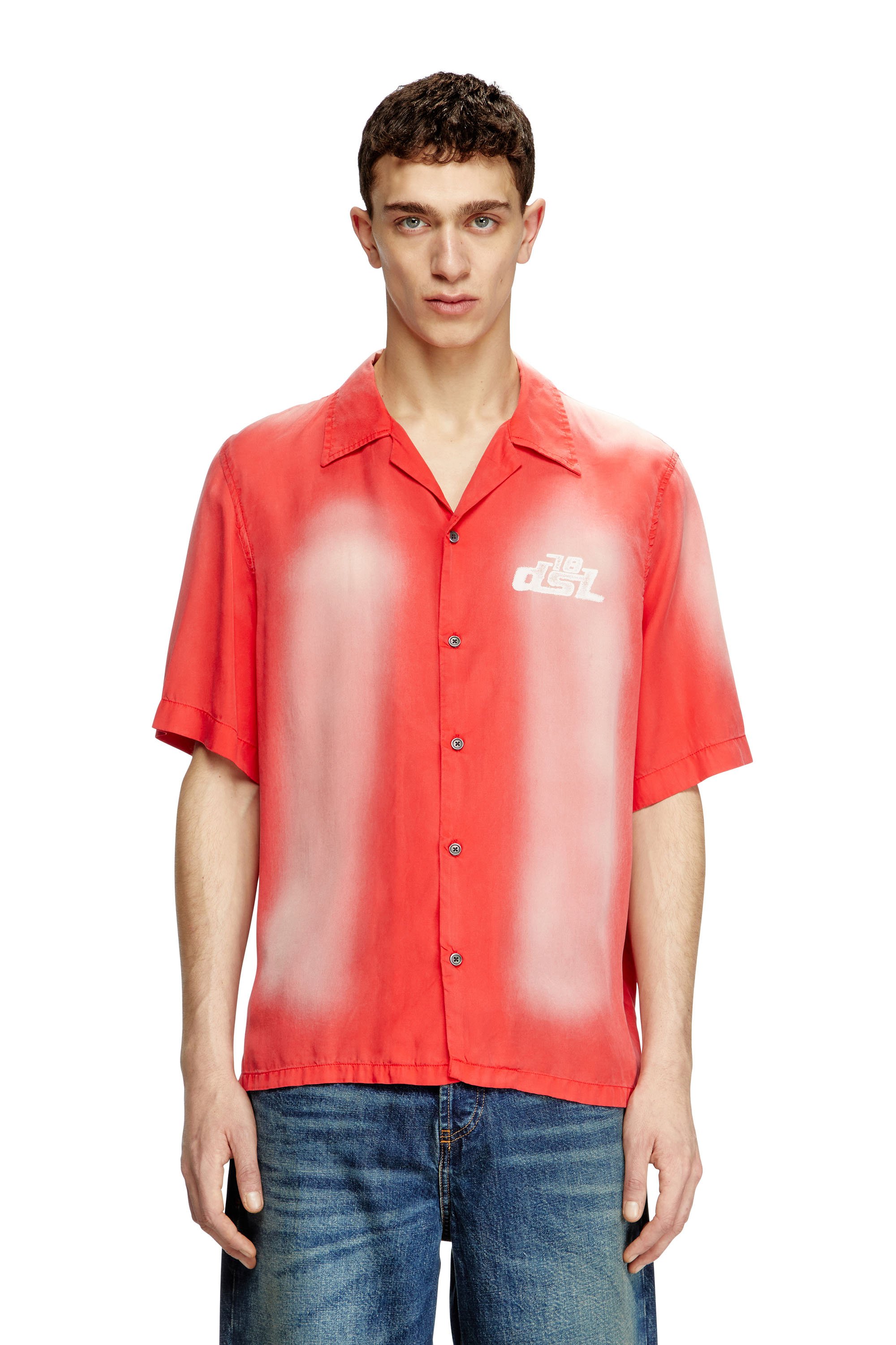 Diesel - S-ELLY, Male's Faded bowling shirt with logo prints in レッド - 1