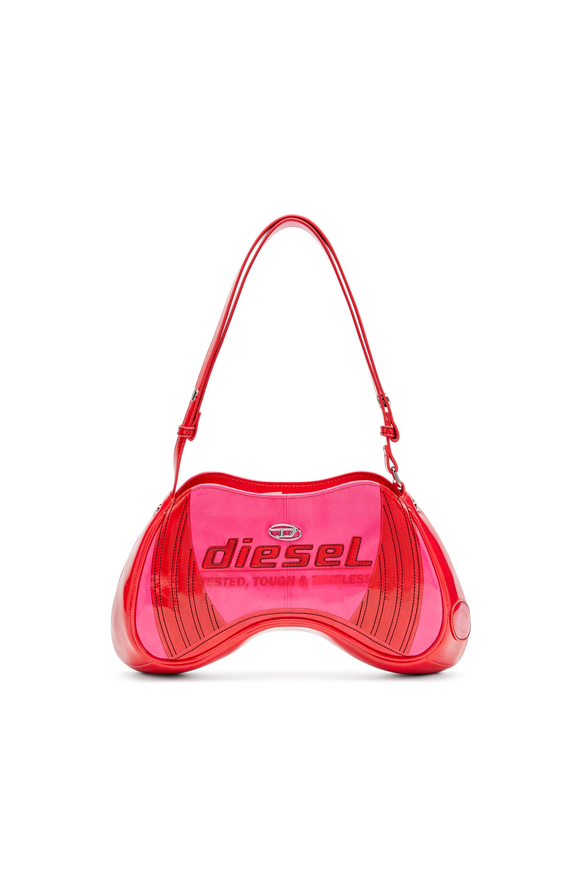 Diesel - PLAY SHOULDER, Female's Glossy shoulder bag with biker details in ピンク / ホワイト - 1