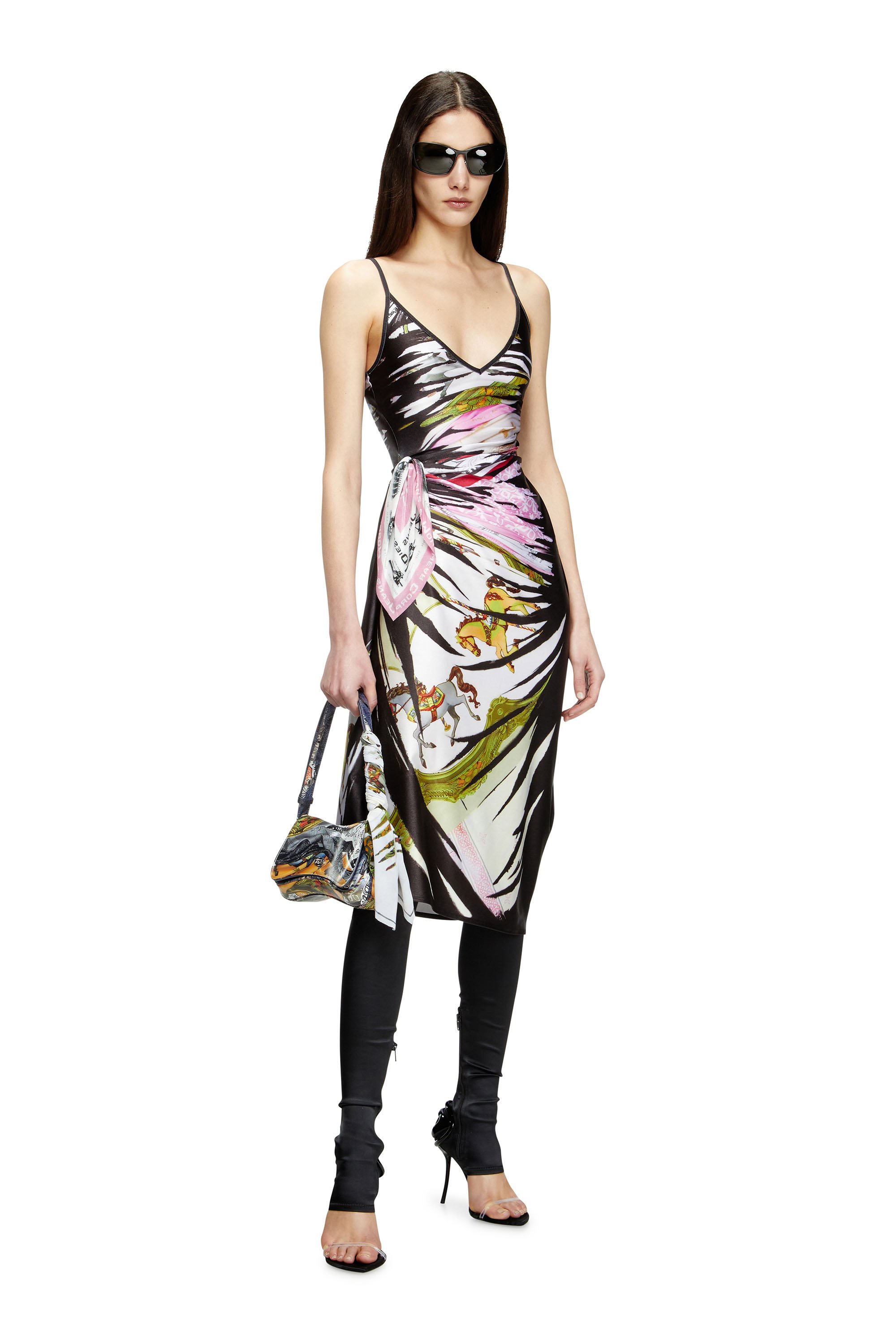 Diesel - D-OROTYS, Female's Draped midi dress with bandana print in ブラック/ホワイト - 1