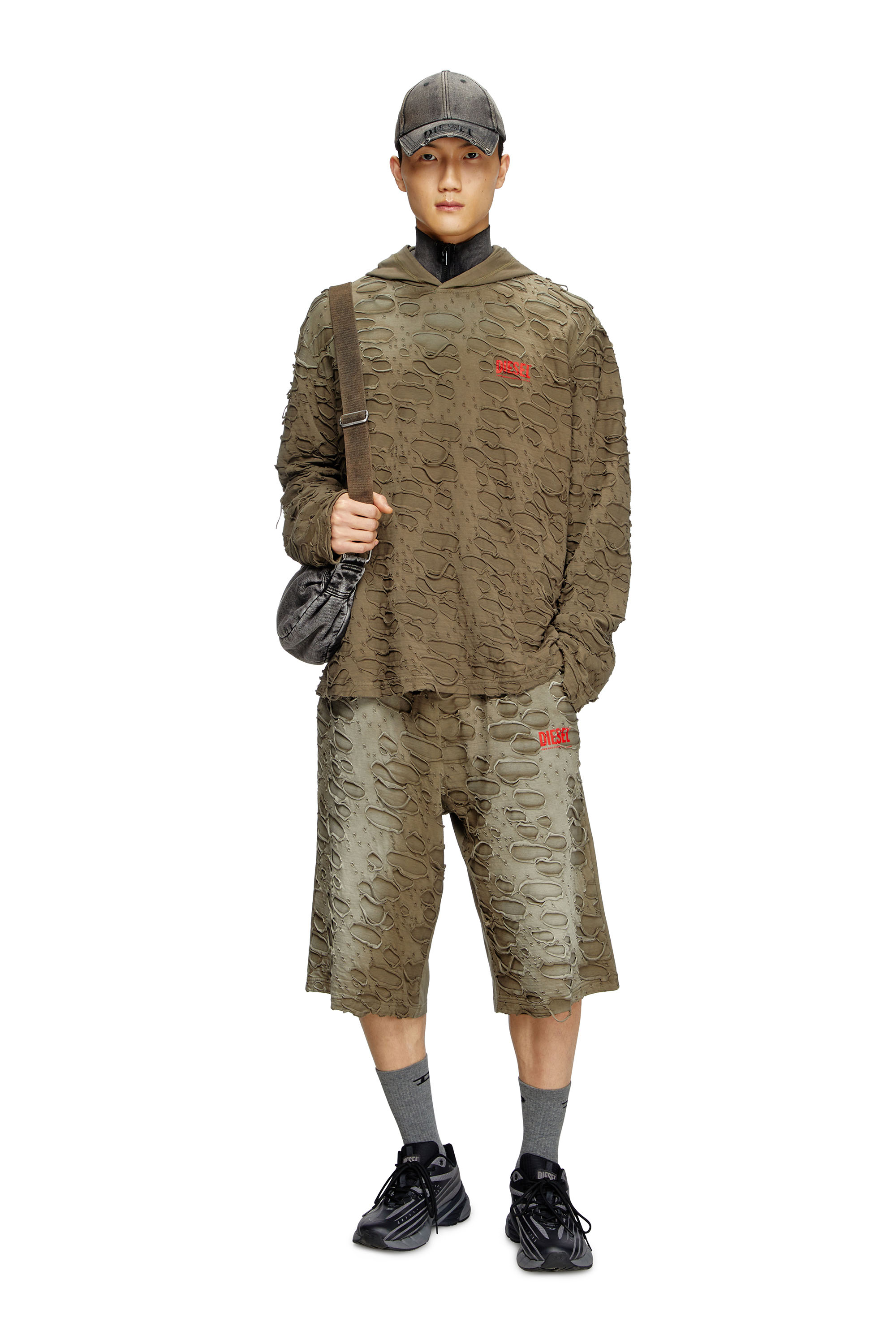 Diesel - T-CRANE-LS-HOOD, Male's Hooded long-sleeve T-shirt with holes in オリーブグリーン - 2