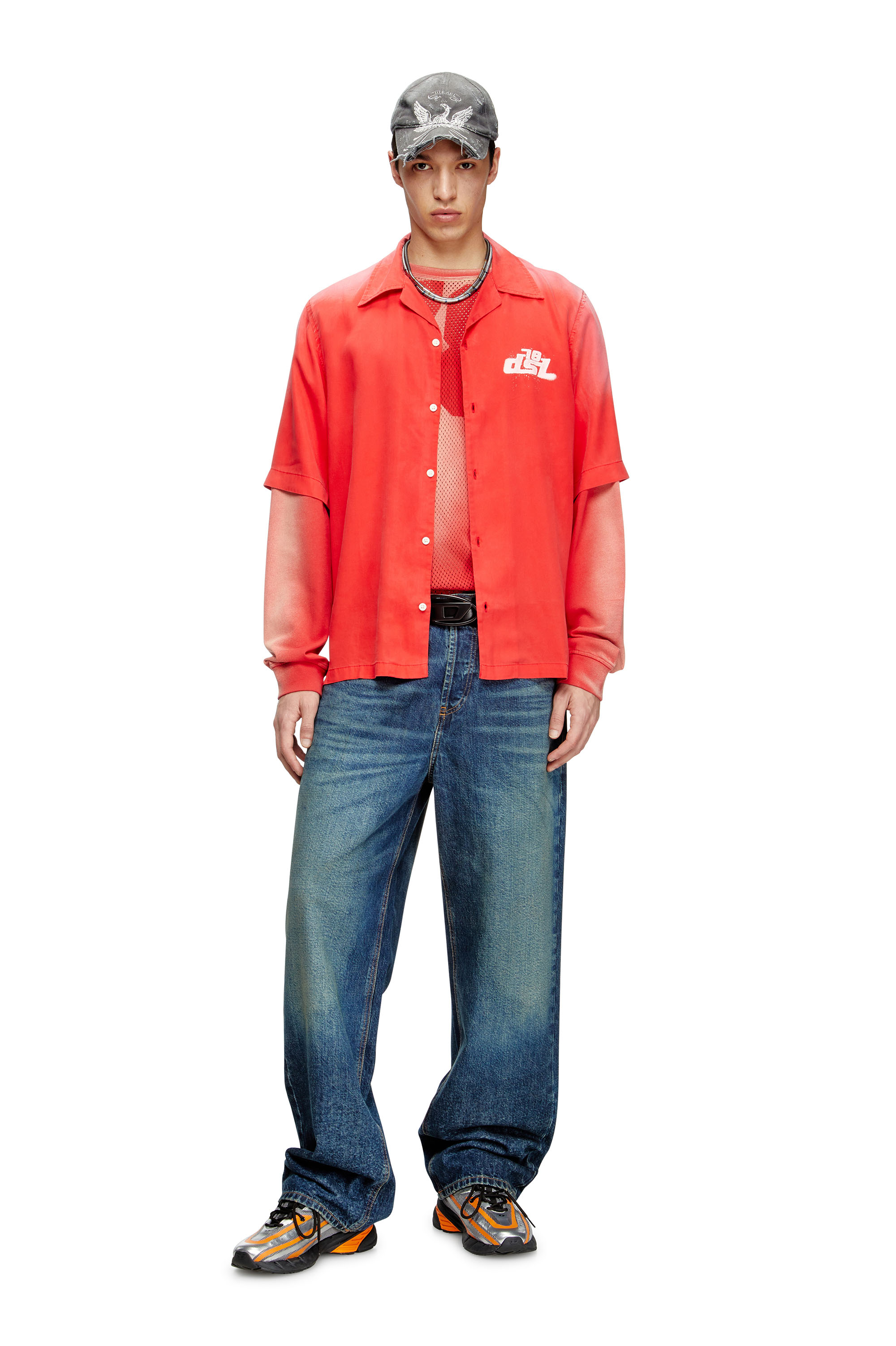 Diesel - S-ELLY, Male's Faded bowling shirt with logo prints in レッド - 2